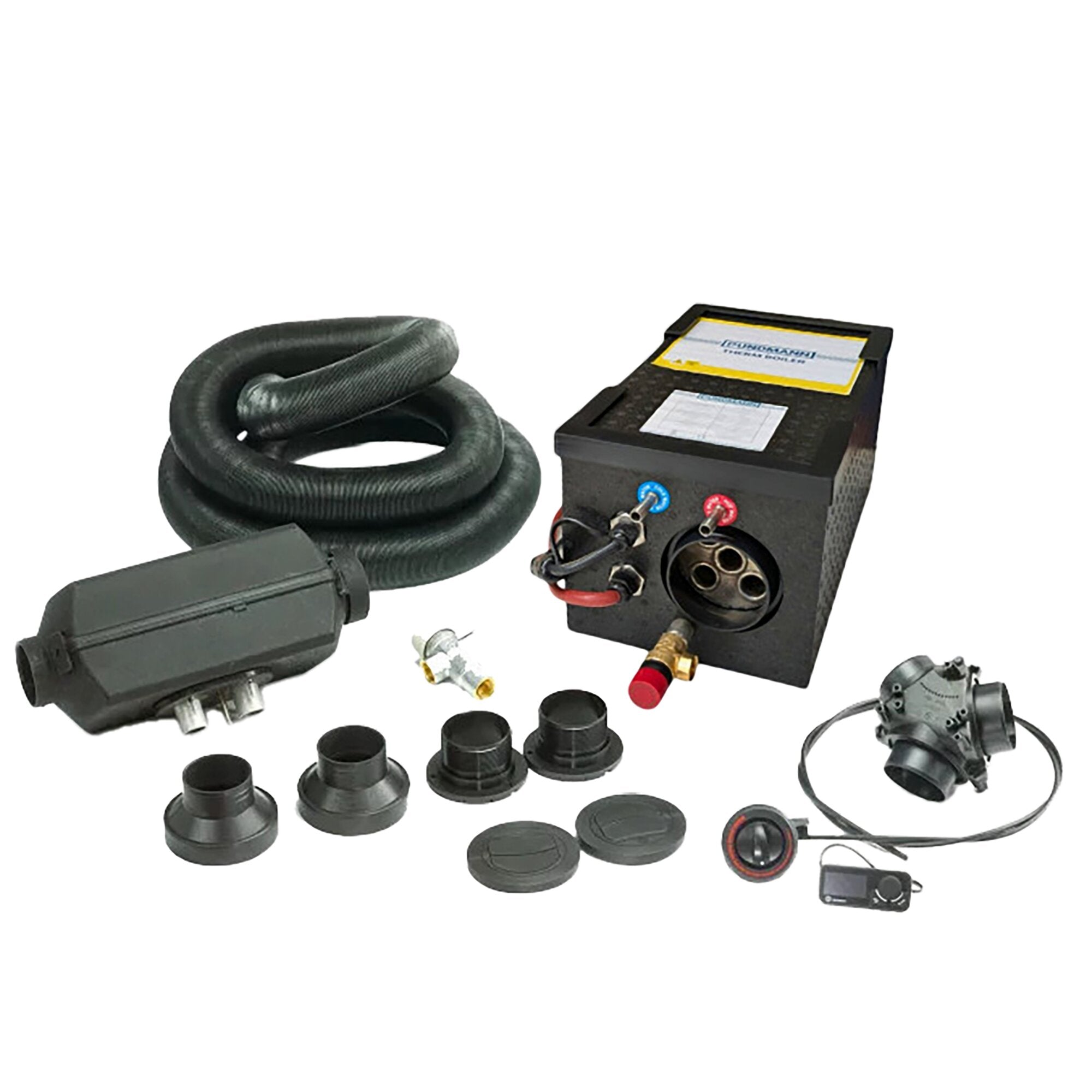 Warmduscher-Set mit schwarzem Schlauch, Heizungssteuergerät mit blauen und roten Anschlüssen sowie vielen schwarzen Adaptern und Fittings