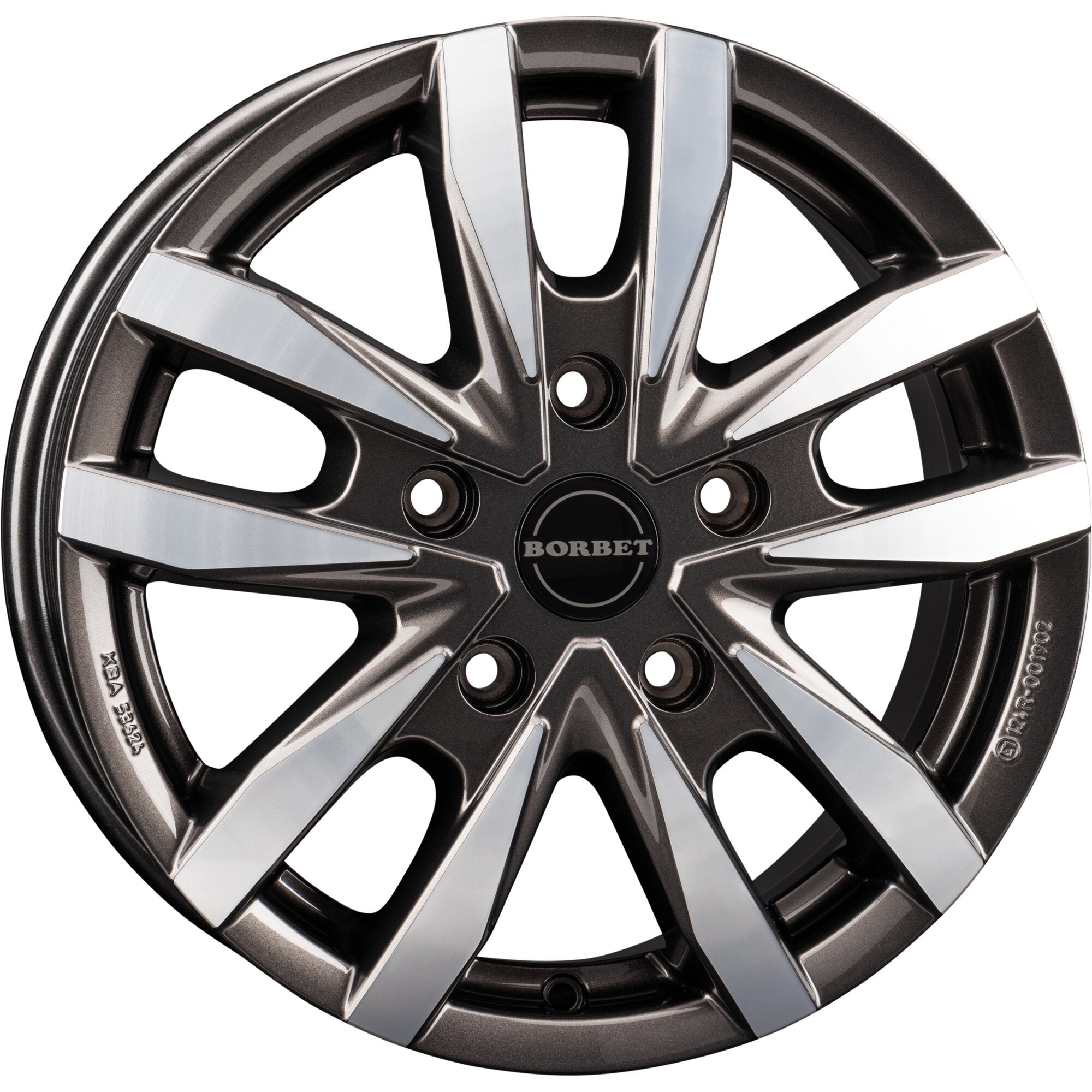 Aluminiumfelge CW5 in mistral anthracite polished glossy, Detailaufnahme einer dunklen Felge mit polierten silbernen Akzenten auf den Speichen und BORBET-Centerkappe sichtbar