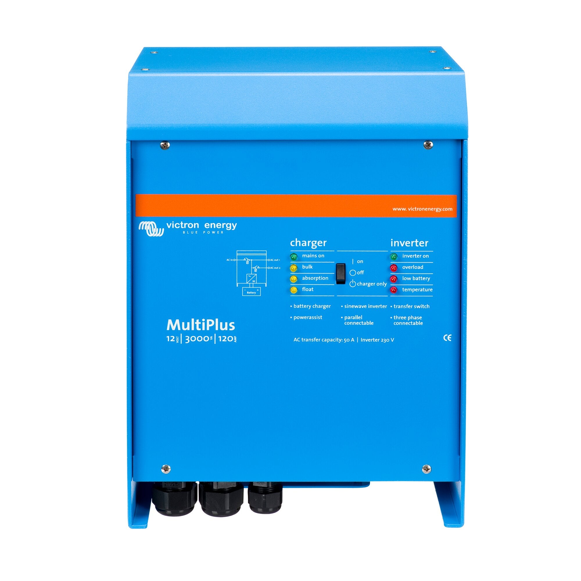 Blaues Metallgehäuse eines Wechselrichters MultiPlus 12/3000/120-50 mit orangefarbenem Streifen und unten sichtbaren Anschlussklemmen