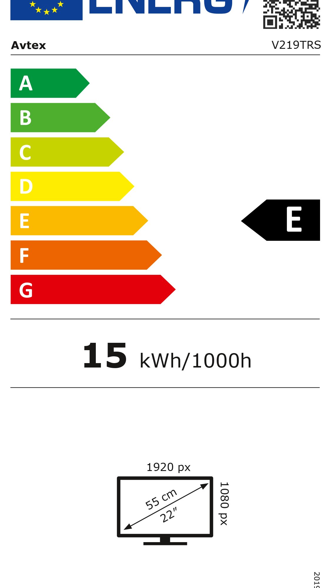 Energielabel für Avtex Oyster Smart TV, TFT-LED-Flachfernsehgerät 21,5 Zoll, farbige A bis G Skala, Verbrauch 15 kWh/1000h, Kennzeichnung E