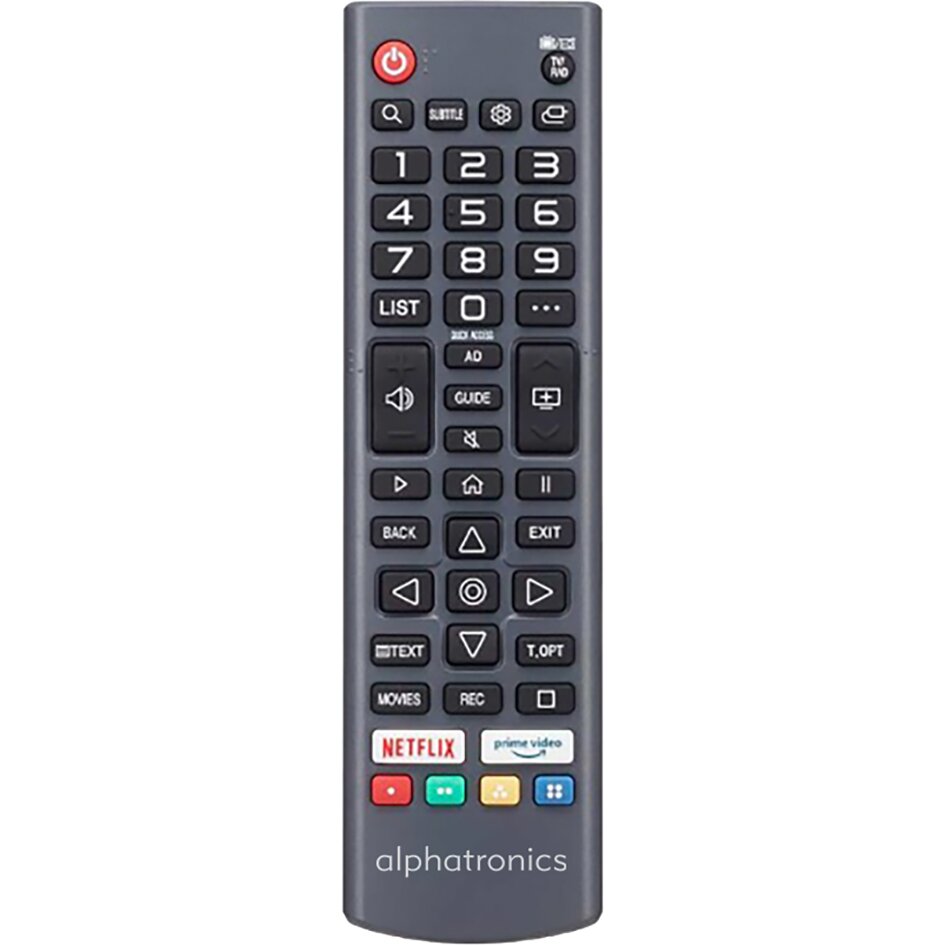 Langgestreckte dunkelgraue Fernbedienung für TV mit Zahlentasten 0-9, Power und Lautstärke Netflix- und Prime-Video-Logos unten alphatronics