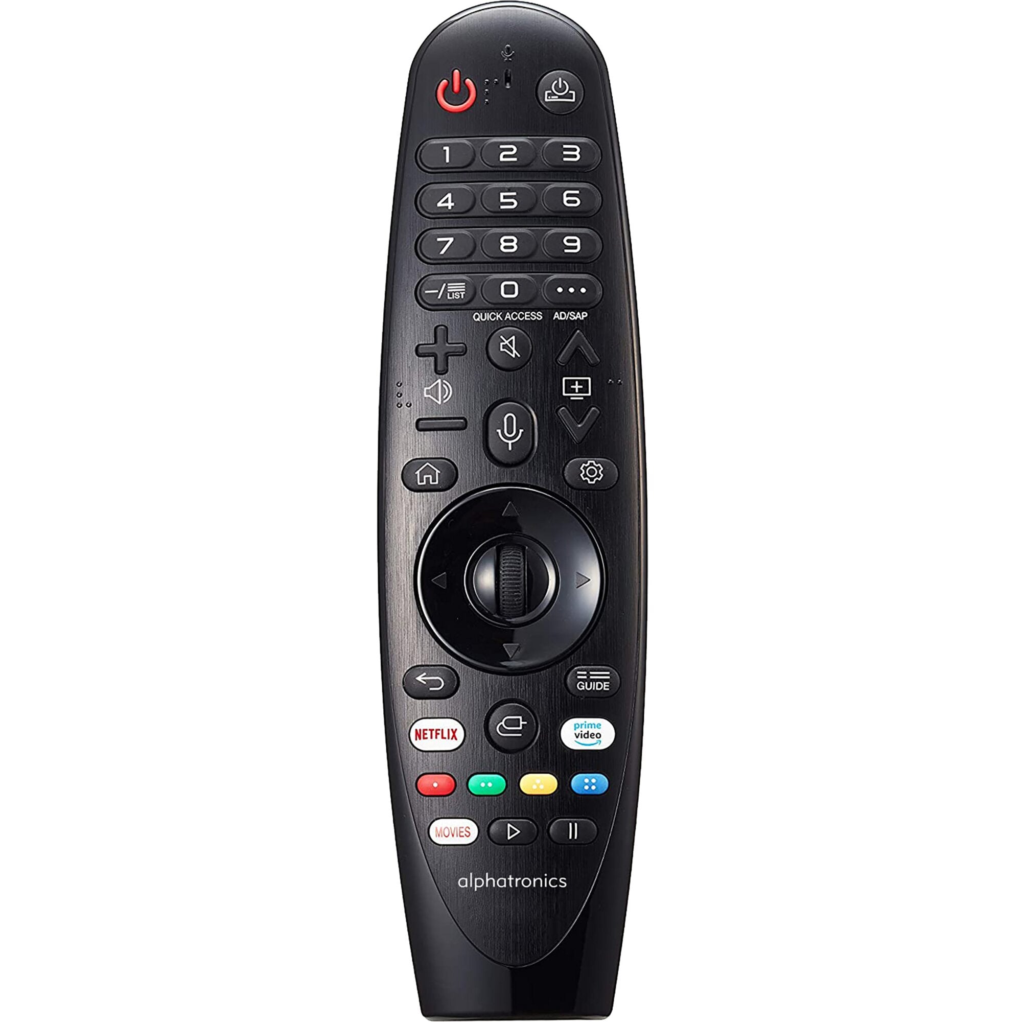 Schwarze Fernbedienung mit vielen Tasten, roter Power-Taste, numerischem Tastenblock 1–9, Rundscrollrad, Netflix-Icons und Prime-Video-Icons
