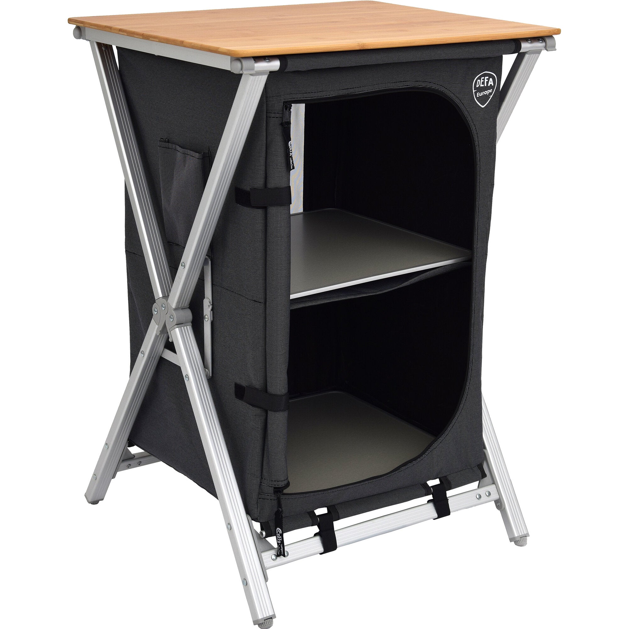 Faltbarer Campingschrank Easy Folding, 60 cm Breite, Holzoberseite, schwarzes Textilgehäuse, Frontöffnung mit Reißverschluss, Ablage sichtbar