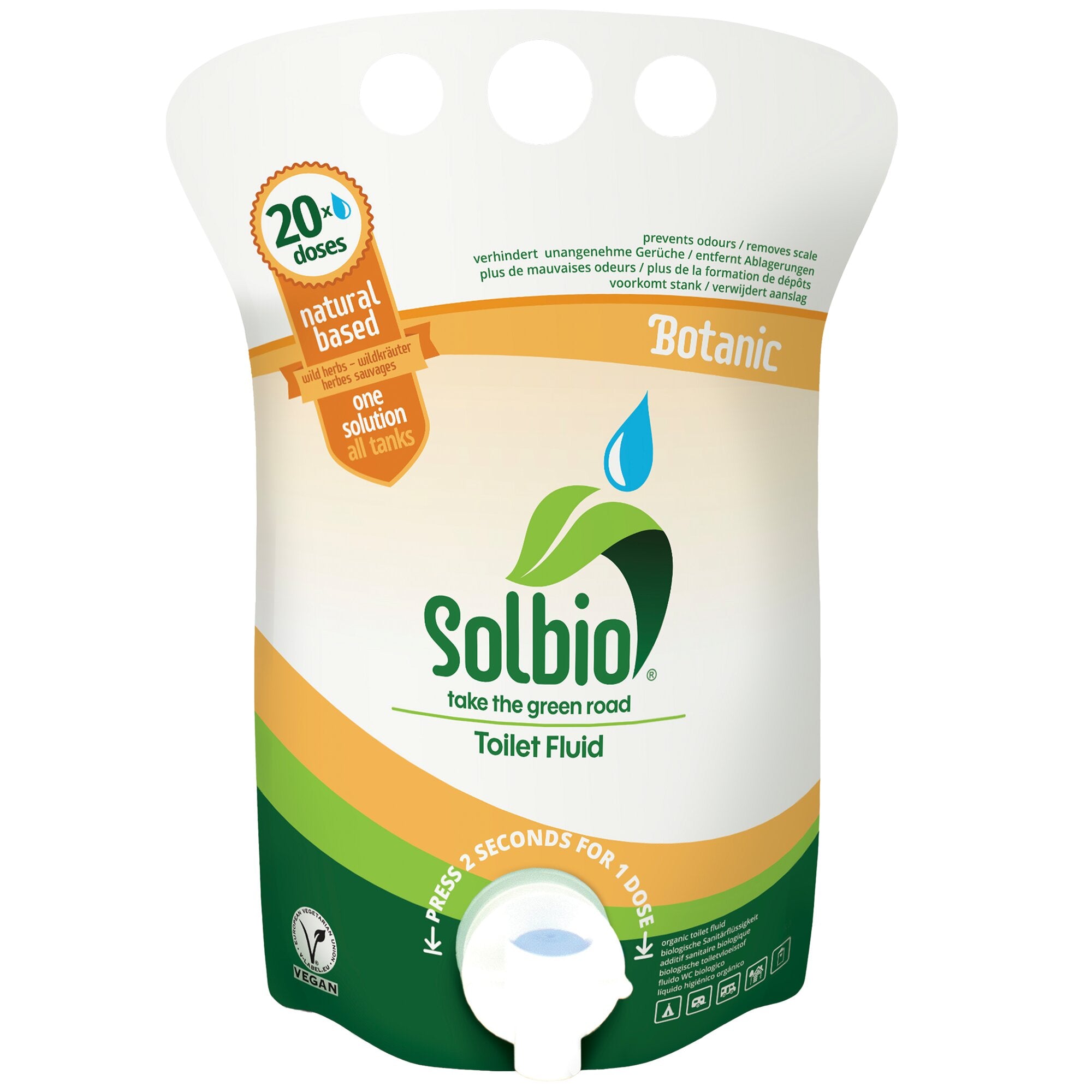 Weißer Toilettenzusatz mit Botanic-Label und 800 ml Fassungsvolumen, orangefarbenem 20x-Dosen-Abzeichen, grünem Solbio-Logo und Toilet Fluid