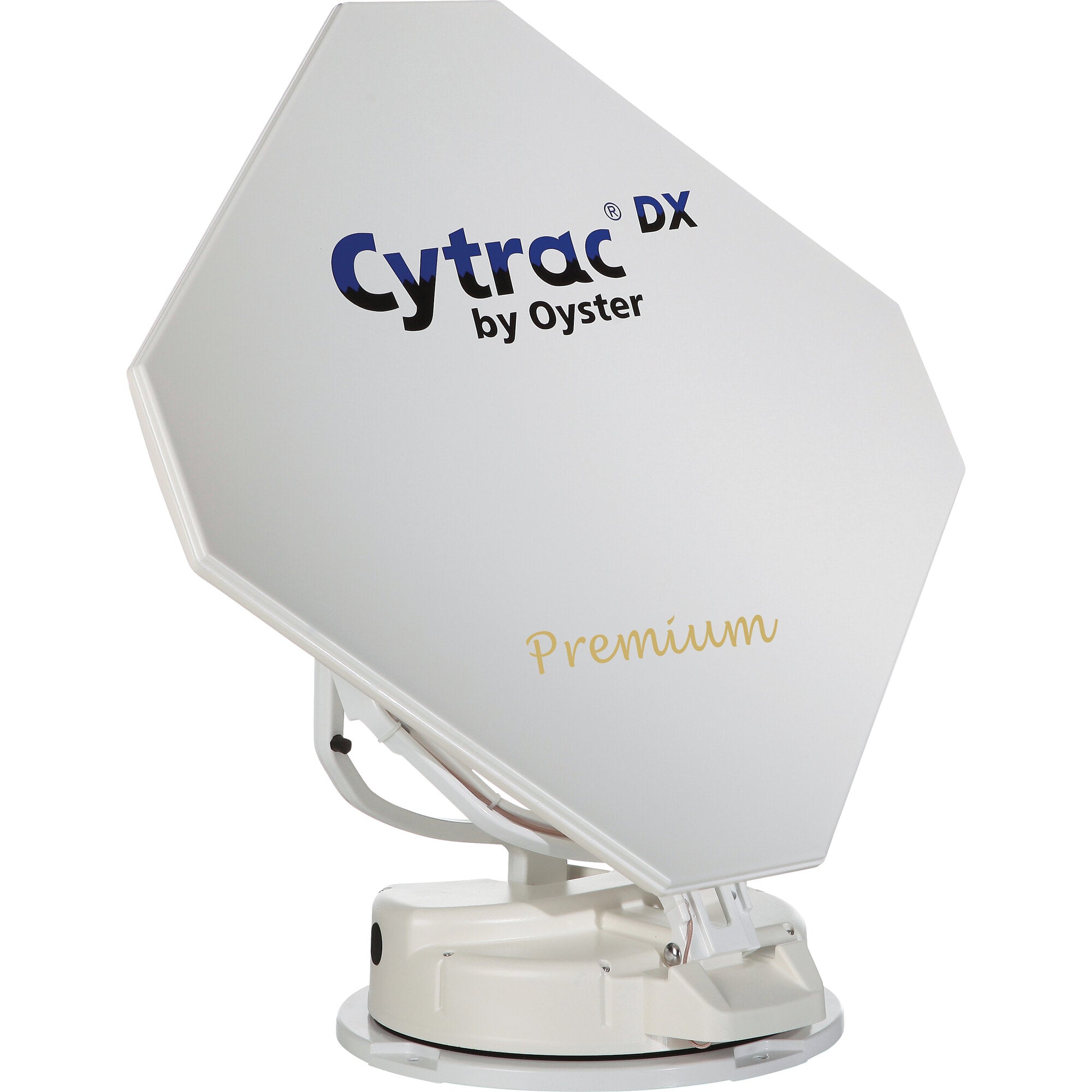 Große weiße Satellitenschüssel auf drehbarem Stativ; Cytrac DX by Oyster-Logo sichtbar, darunter der goldene Schriftzug Premium