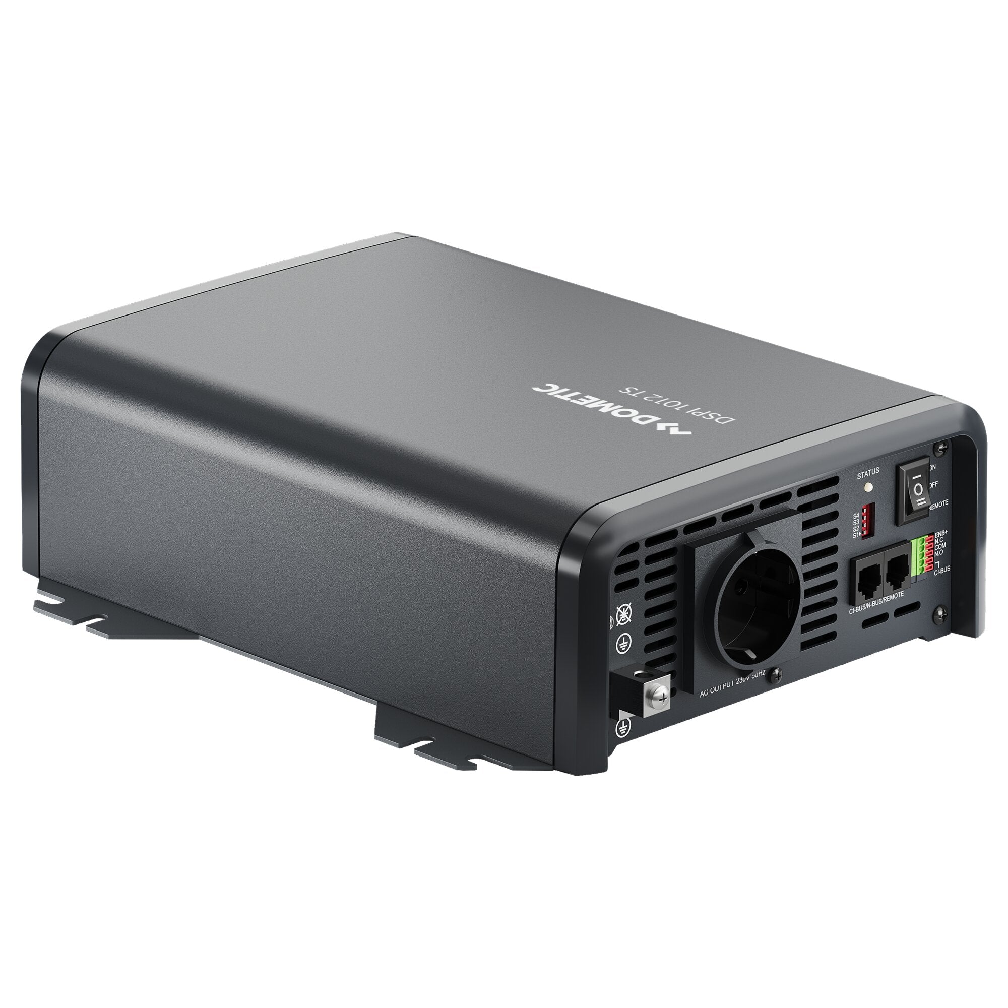 Schwarzer Sinus-Wechselrichter mit Frontlüftergitter, Status-LED, Ein/Aus-Schalter, Anschlussklemmen und 230-Volt-Ausgang am Gehäuse