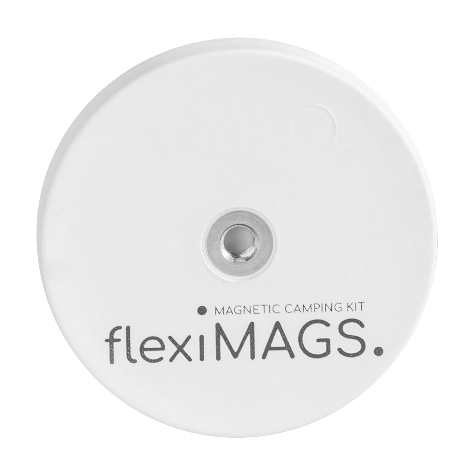 Weiße, runde Kunststoffscheibe mit zentralem Metallring; unten ist flexiMAGS sowie Magnetic Camping Kit zu sehen