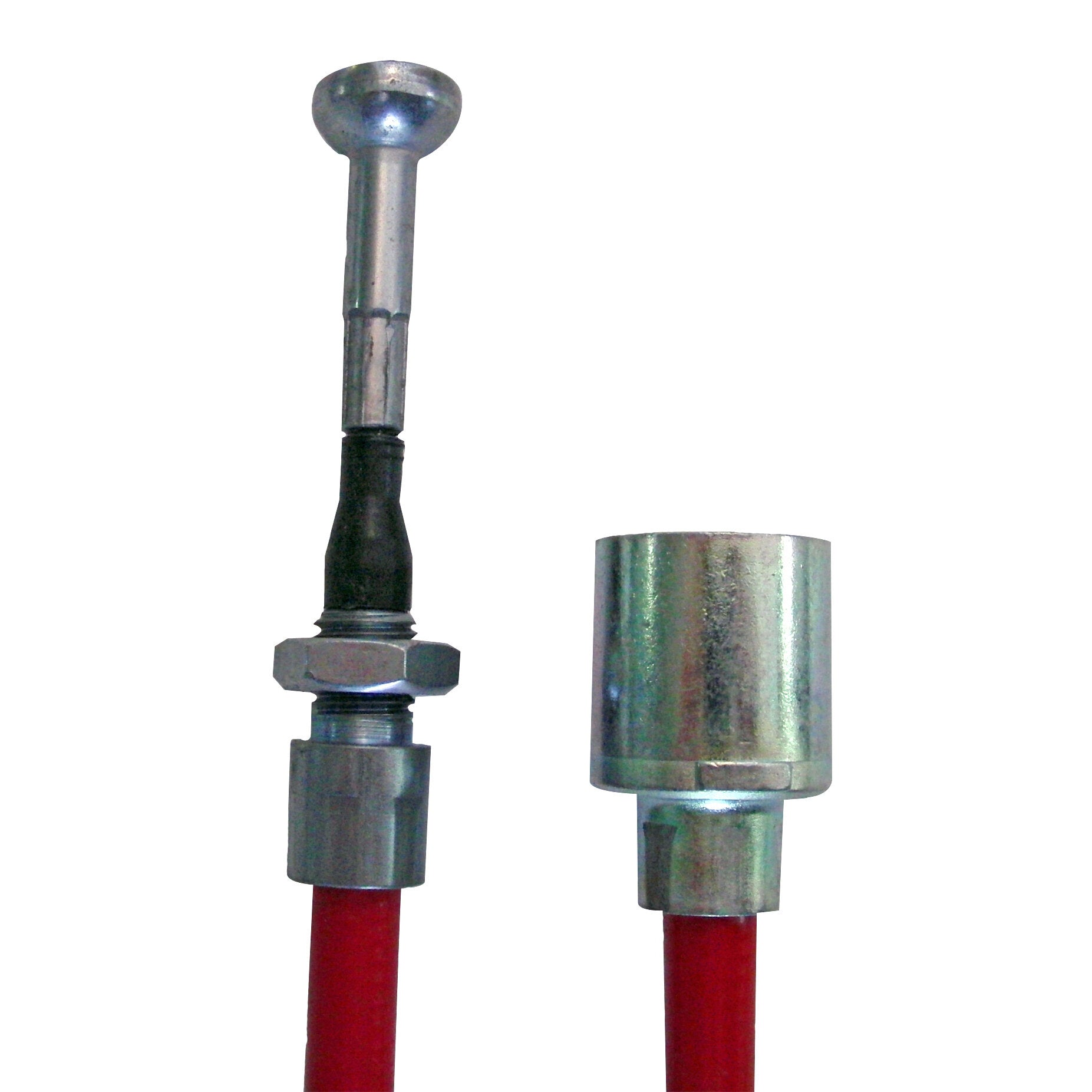 Nahaufnahme eines Bremsseil-Endstücks: links ein metallischer Stift mit rundem Kopf und Gewinde, rechts eine Metallhülse über rotem Kabel