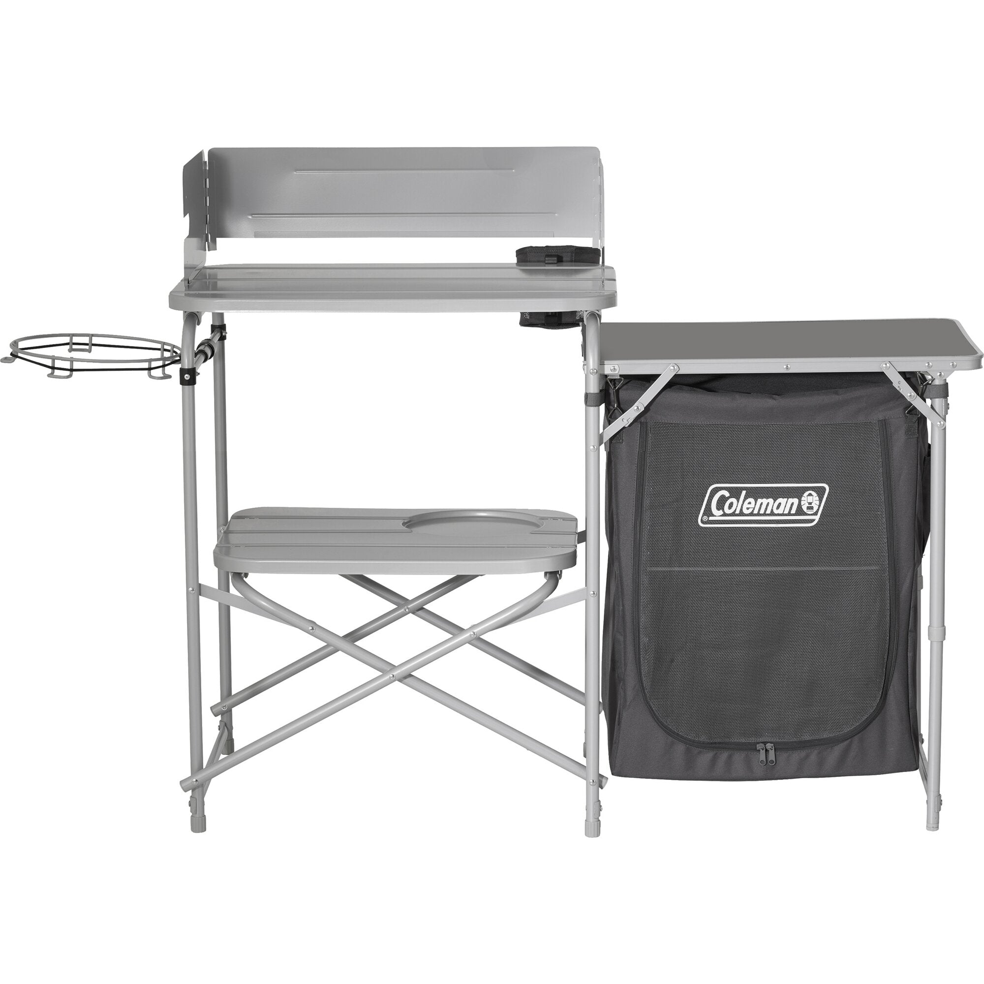 Campingküche Cooking Stand aus Metallrahmen mit oberer Arbeitsfläche, linker runder Grillhalter und Aufbewahrungstasche mit Coleman-Logo