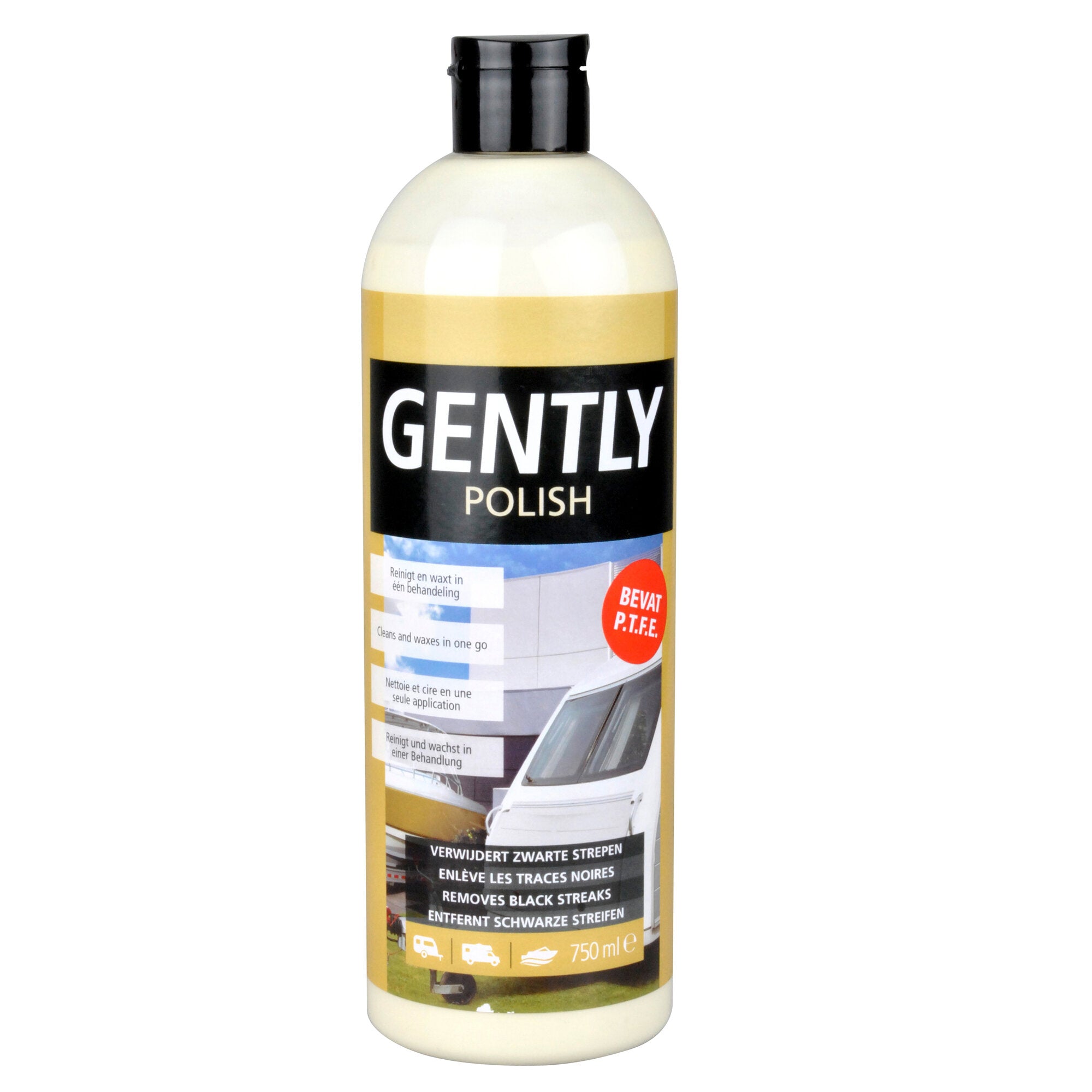 Weiße Kunststoffflasche mit schwarzer Schraubkappe, gelbem Etikettenband und schwarzem Label mit der Aufschrift GENTLY POLISH
