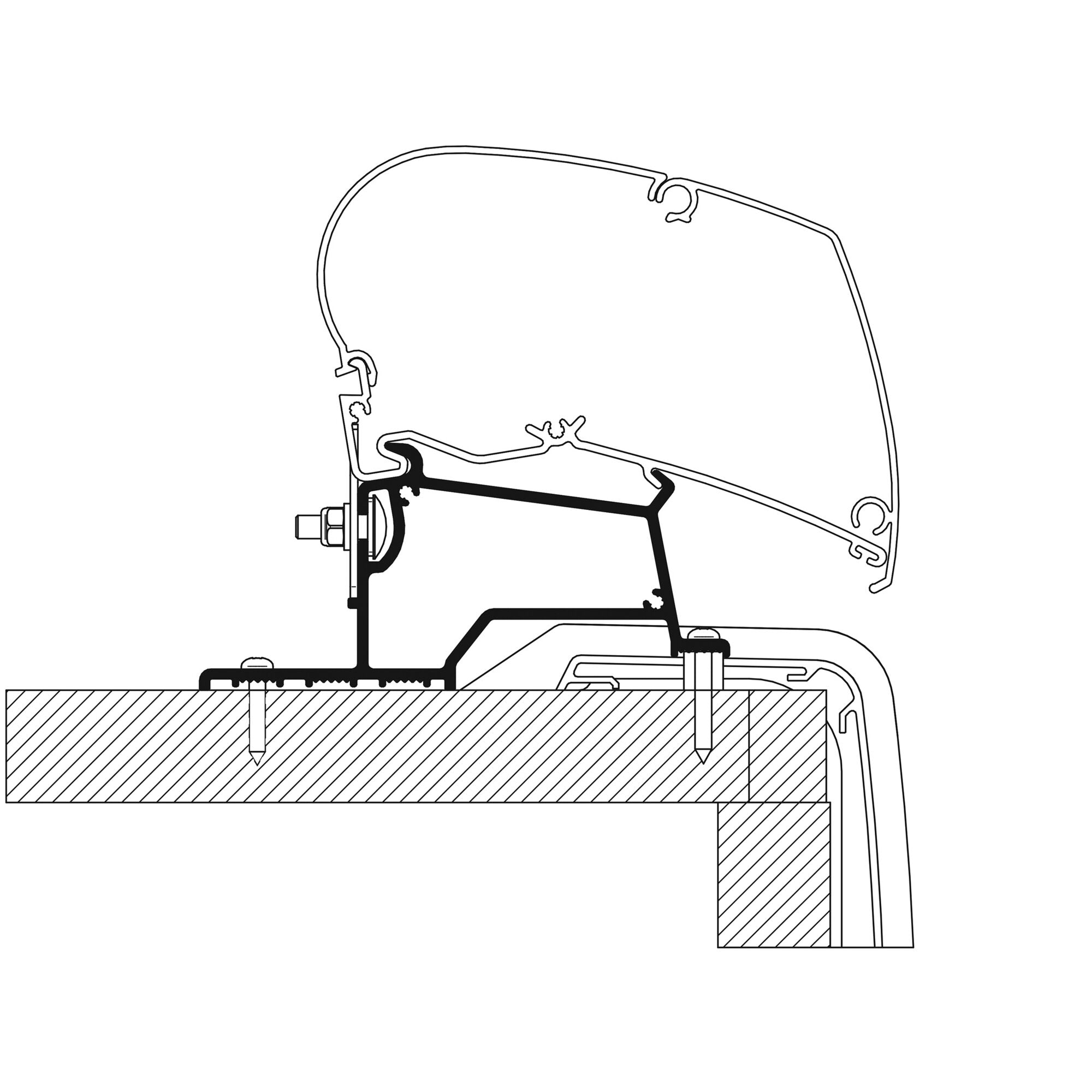 Technische Zeichnung eines Adapter Rapido Serie Compact für TO Serie: gebogener Rahmen mit Clip-Haltern, befestigt an einer Basisplatte mit Bolzen