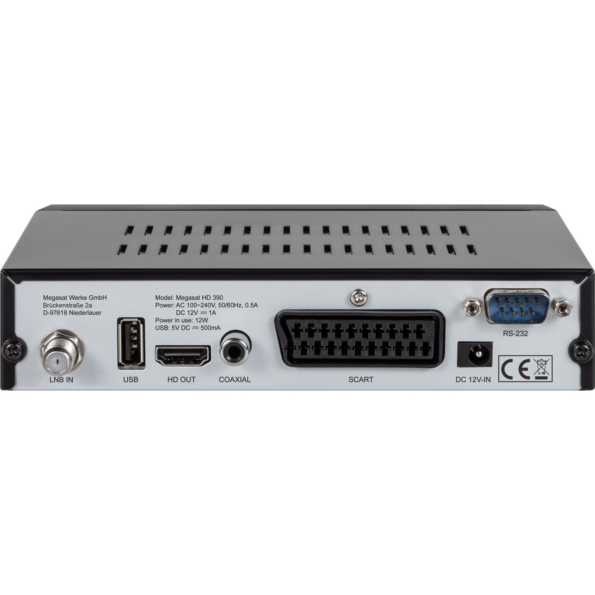 Rückseite eines Megasat HD 390 Satelliten-Receiver mit Anschlüssen LNB IN, USB, HD OUT, COAXIAL, SCART, RS-232 und DC 12V-IN
