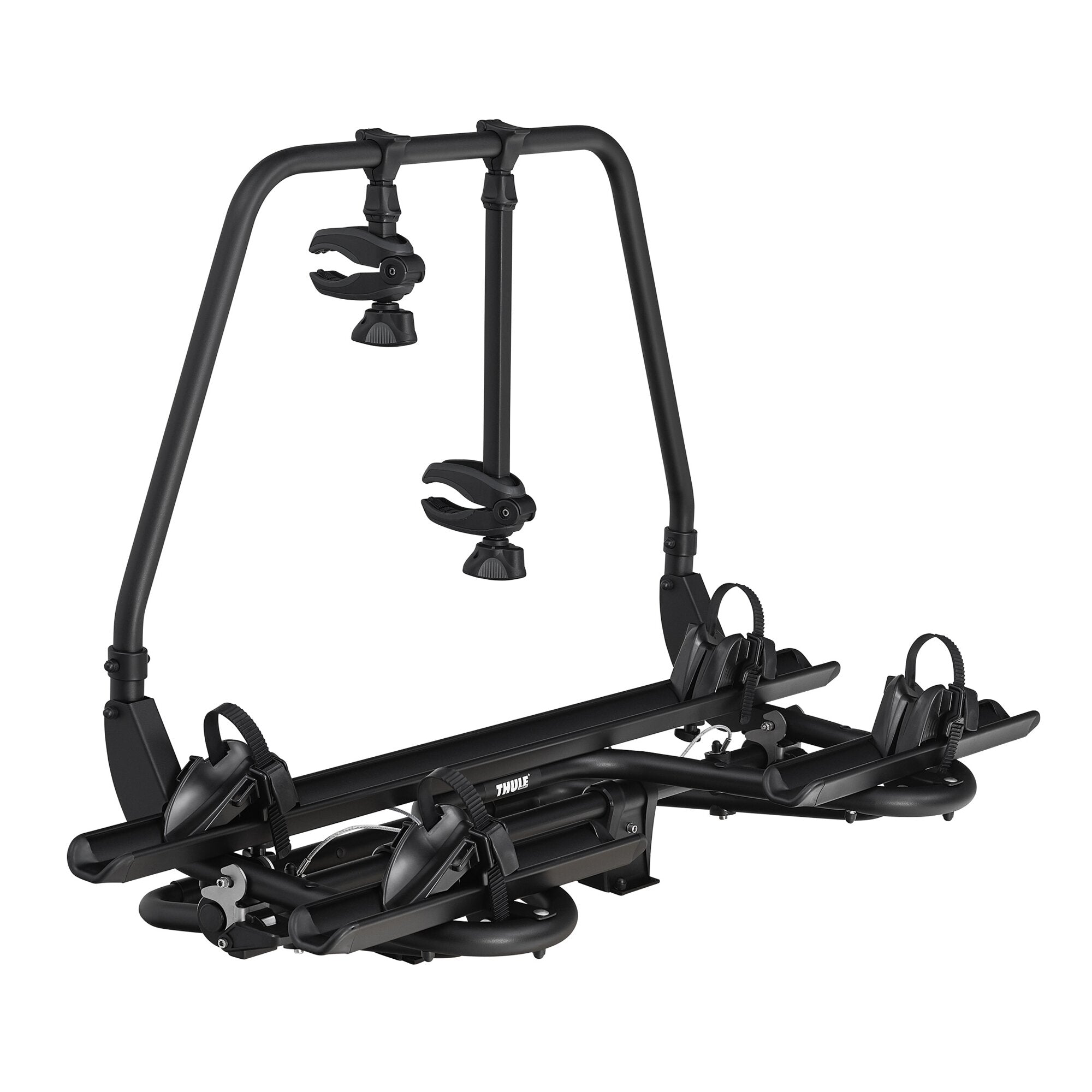 Schwarzer Fahrradträger von Thule Caravan Superb XT Detailansicht der vertikalen Trägerkonstruktion mit verstellbaren Klemmarmen