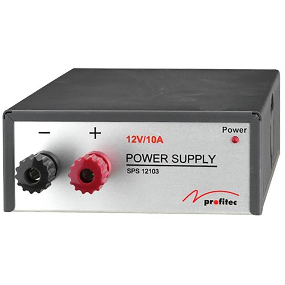 Spannungswandler mit silberner Frontplatte, schwarzem Gehäuse, zwei Klemmen Minus schwarz und Plus rot, Aufdruck 12V/10A, Power-LED und profitec-Logo