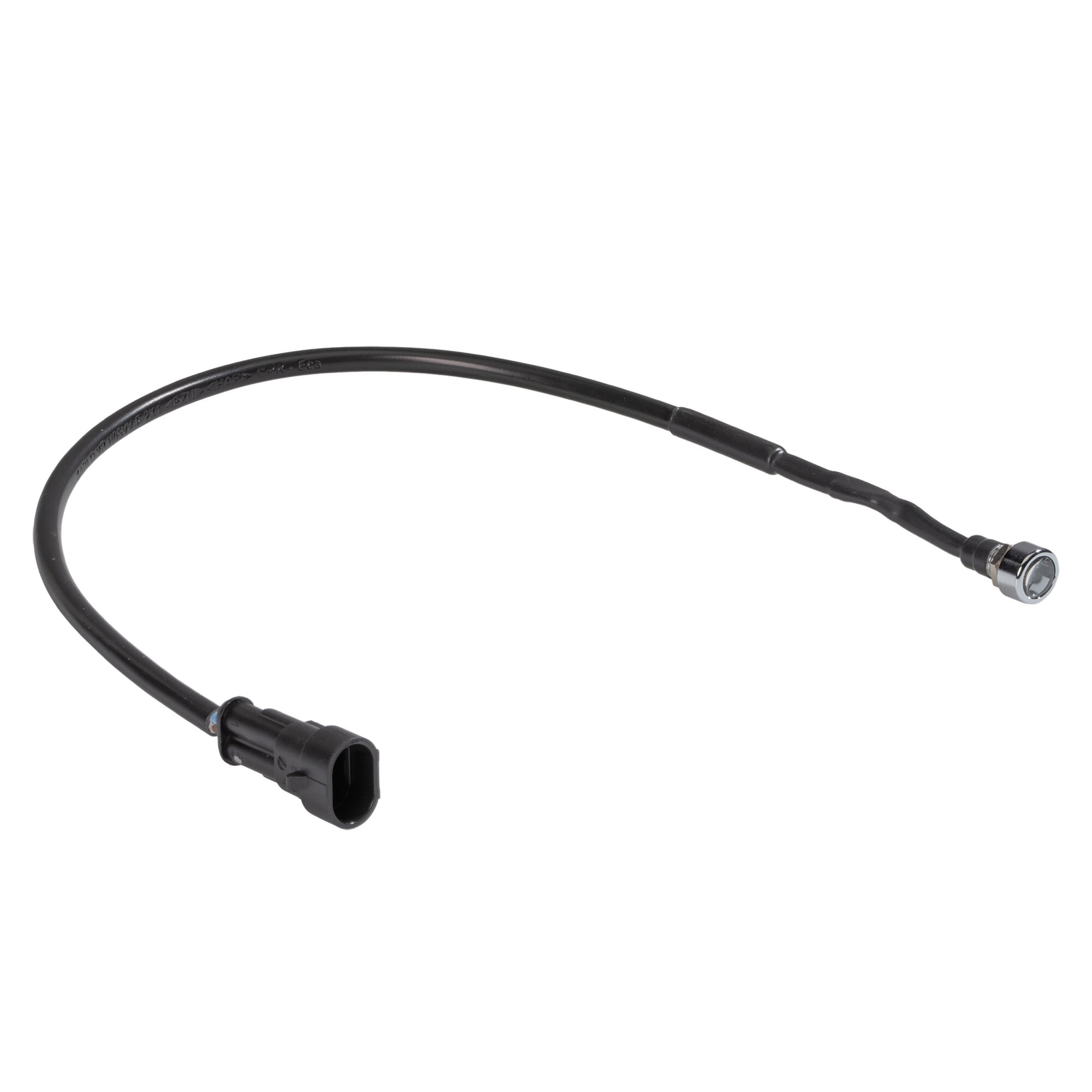 Schwarzes Kabel mit einem kleinen runden LED-Indikator in einem Metallgehäuse am Ende des Kabels, sichtbare Steckverbindung