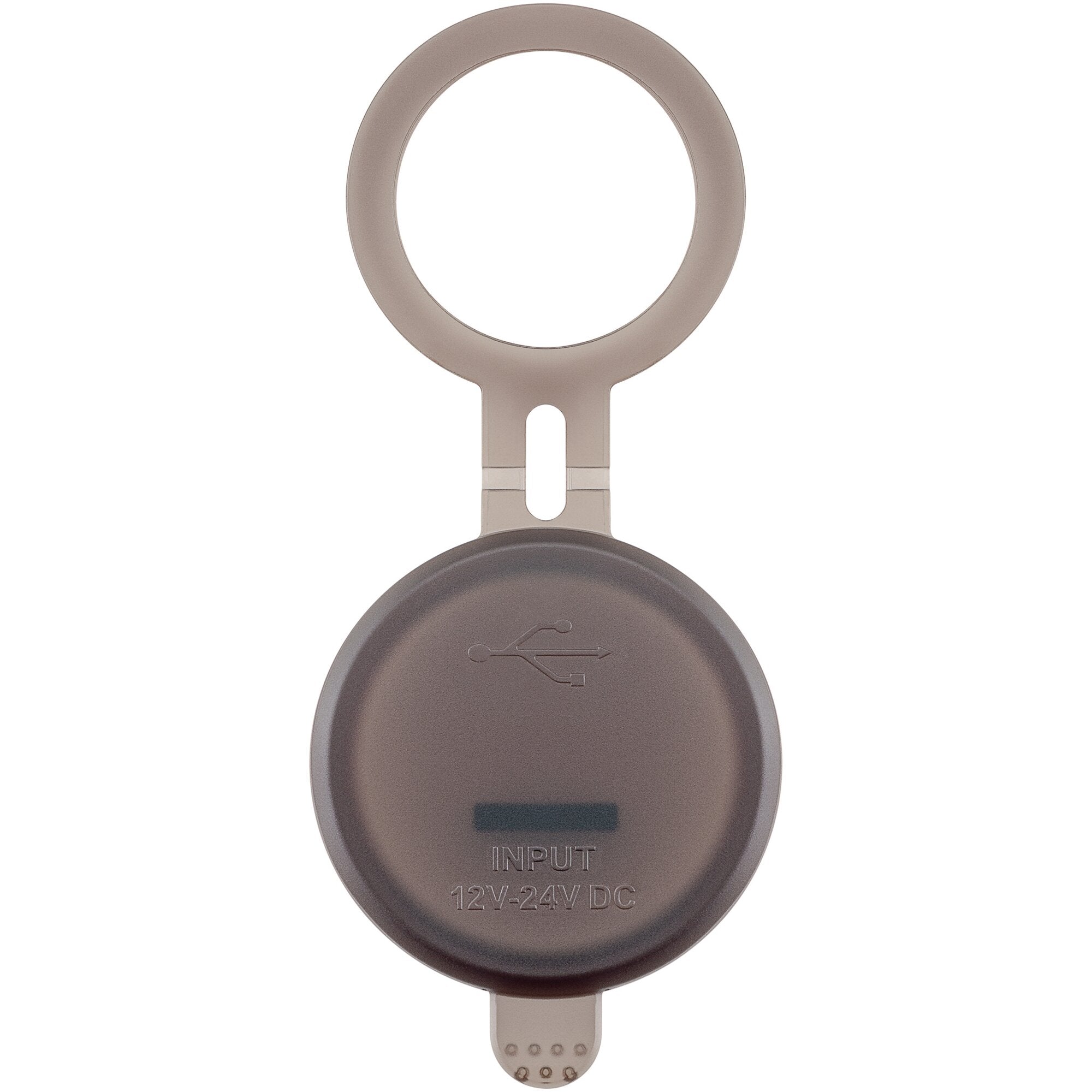 Beige Staubabdeckung in Ringform mit Anschlusssteg für Wentronic Einbaudosen, darunter eine dunkle Kappe mit dem Aufdruck INPUT 12V-24VDC