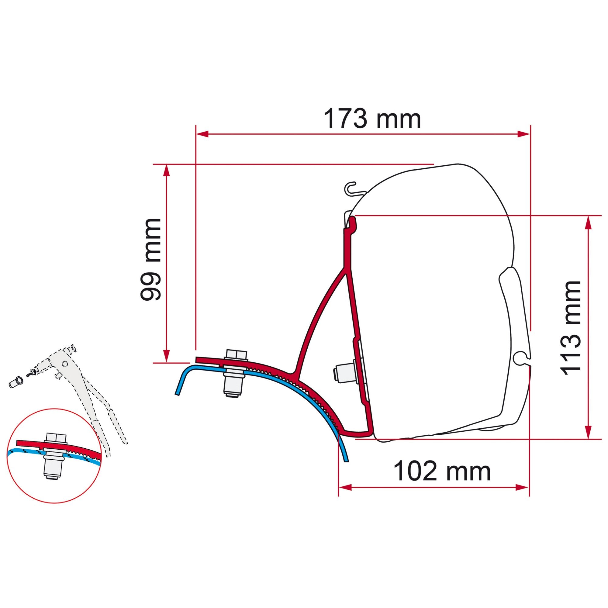 Technische Zeichnung des Markisenadapter Renault Trafic F45 mit rotem Maßrahmen und Abmessungen 173 mm und 102 mm