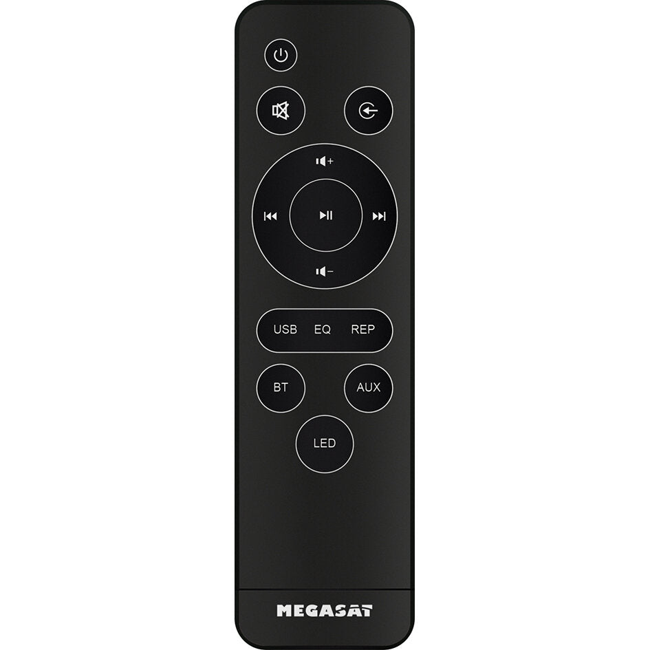 Schwarze Fernbedienung mit großem runden Zentralfeld für Play/Pause, Vor und Zurück, daneben USB, EQ, REP und BT/AUX LED-Knöpfe unten MEGASAT