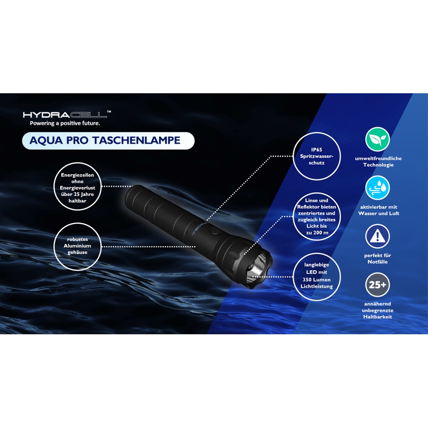 AQUA PRO Taschenlampe mit schwarzem, riffeligen Aluminiumgehäuse liegt über dunklem Wasserhintergrund; Frontlinse sichtbar