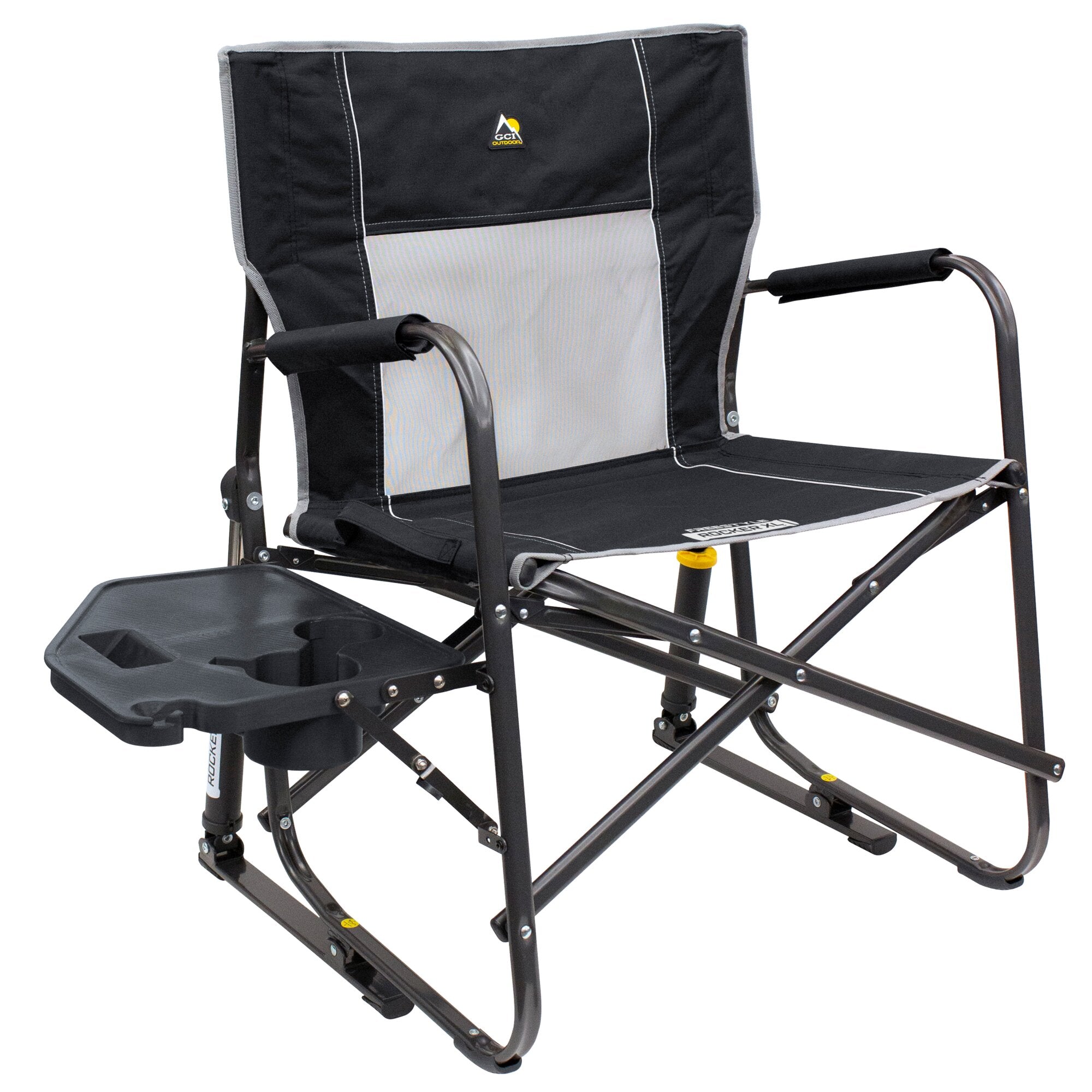 Camping-Schaukelstuhl Freestyle Rocker XL mit Tisch, schwarzes Gewebe, grauer Mittelteil, Armlehnen und integrierte Tischplatte mit zwei Becherhaltern
