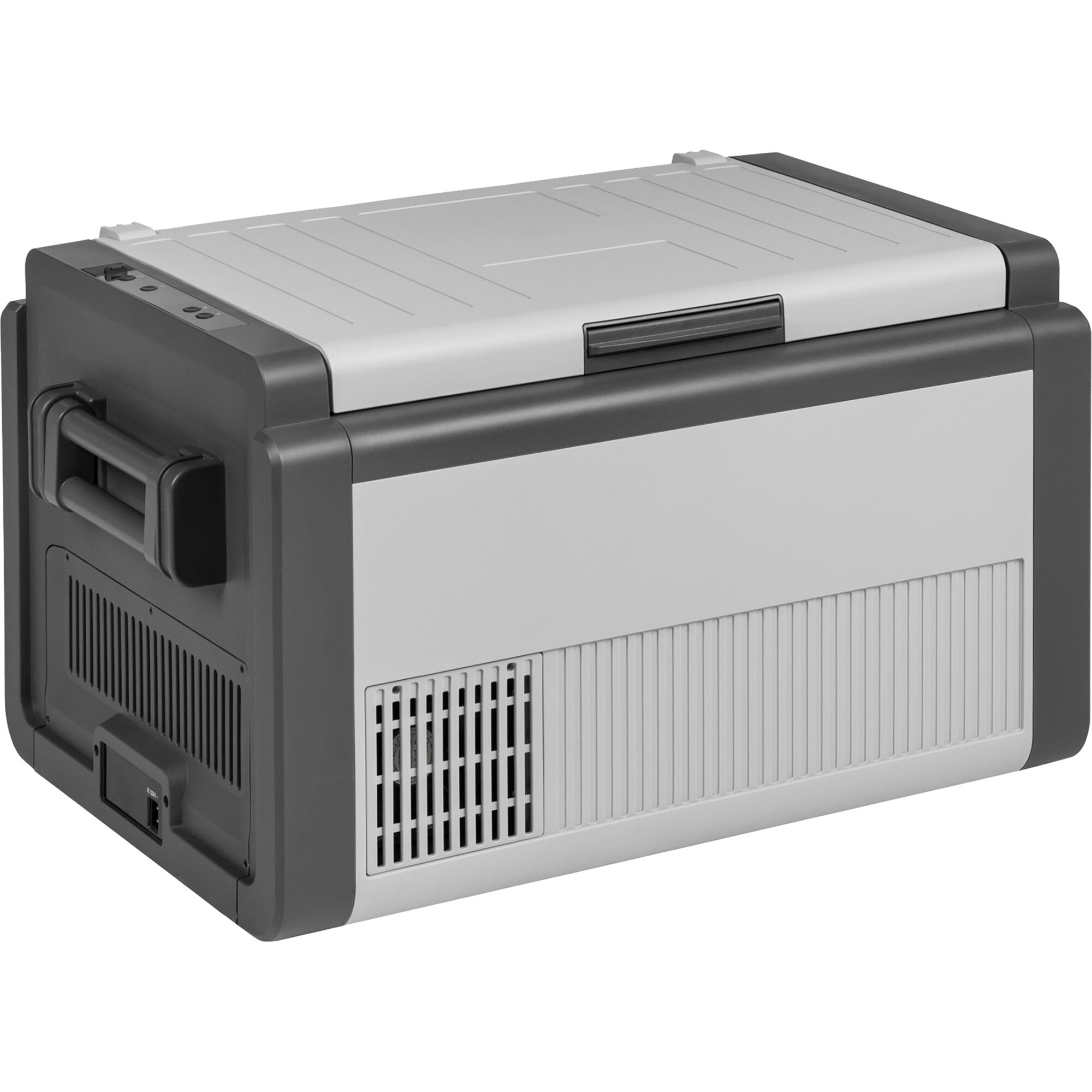 Kühlbox Polarys Criomaster 40 l in Grau, schräg von vorne oben gesehen; Deckel mit Rillen, seitliche Griffe, Frontlüftungsgitter
