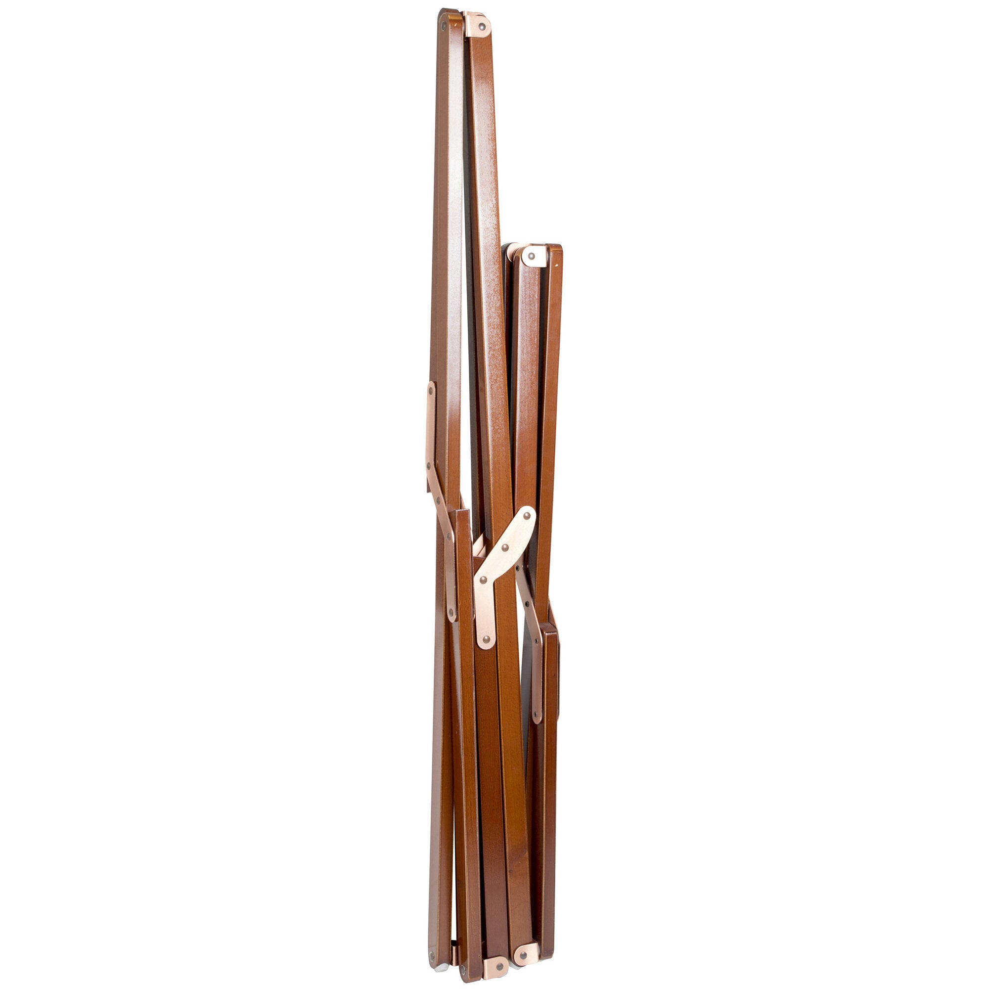 Nahaufnahme eines zusammengefalteten Holzrahmenabschnitts des Relaxsessels Bloomsbury M, braune Holzlatten mit Metallverbindern