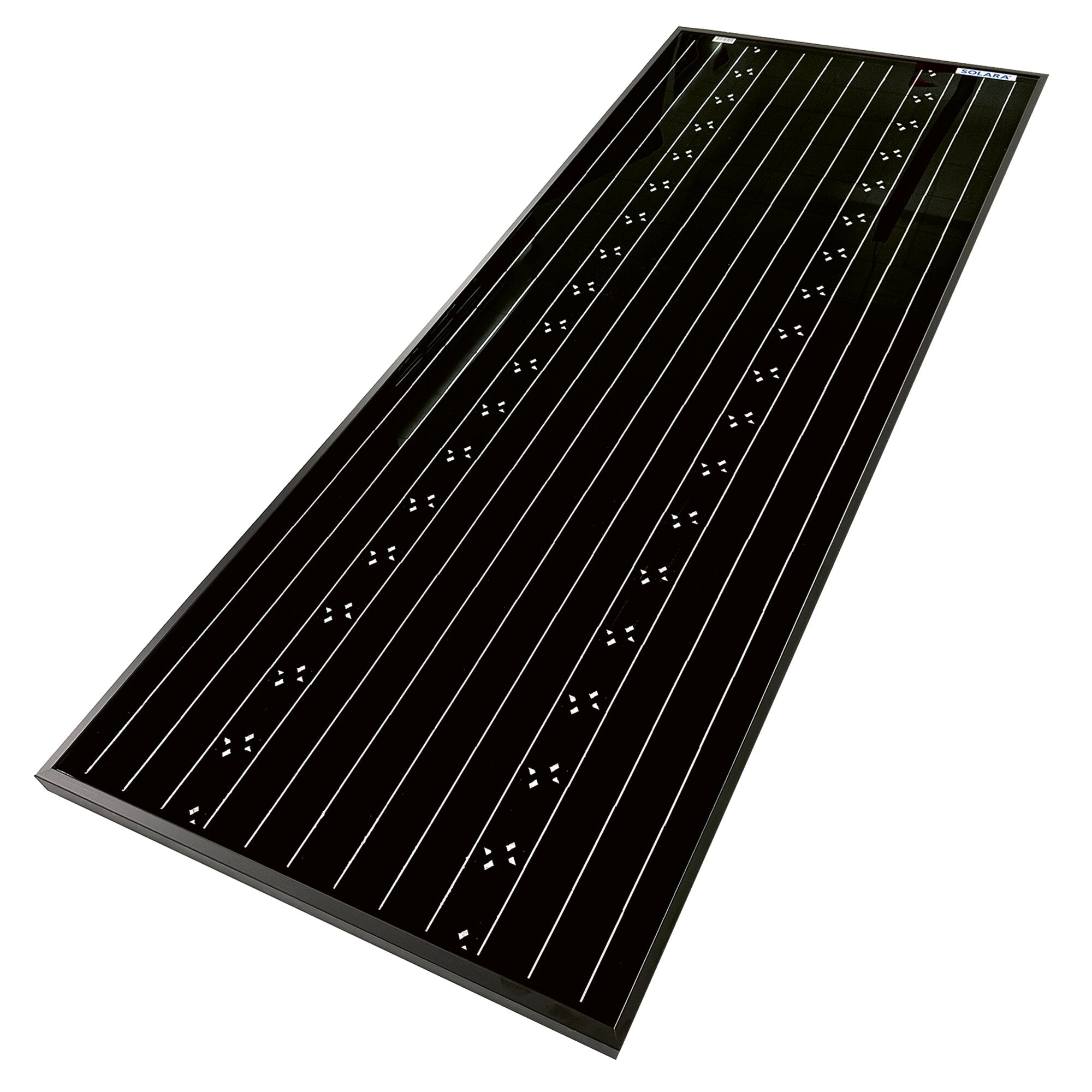 Diagonal ausgerichtetes schwarzes Solarmodul mit glänzender Oberfläche, vielen parallelen weißen busbars und einem SOLARA-Logo in der oberen Ecke