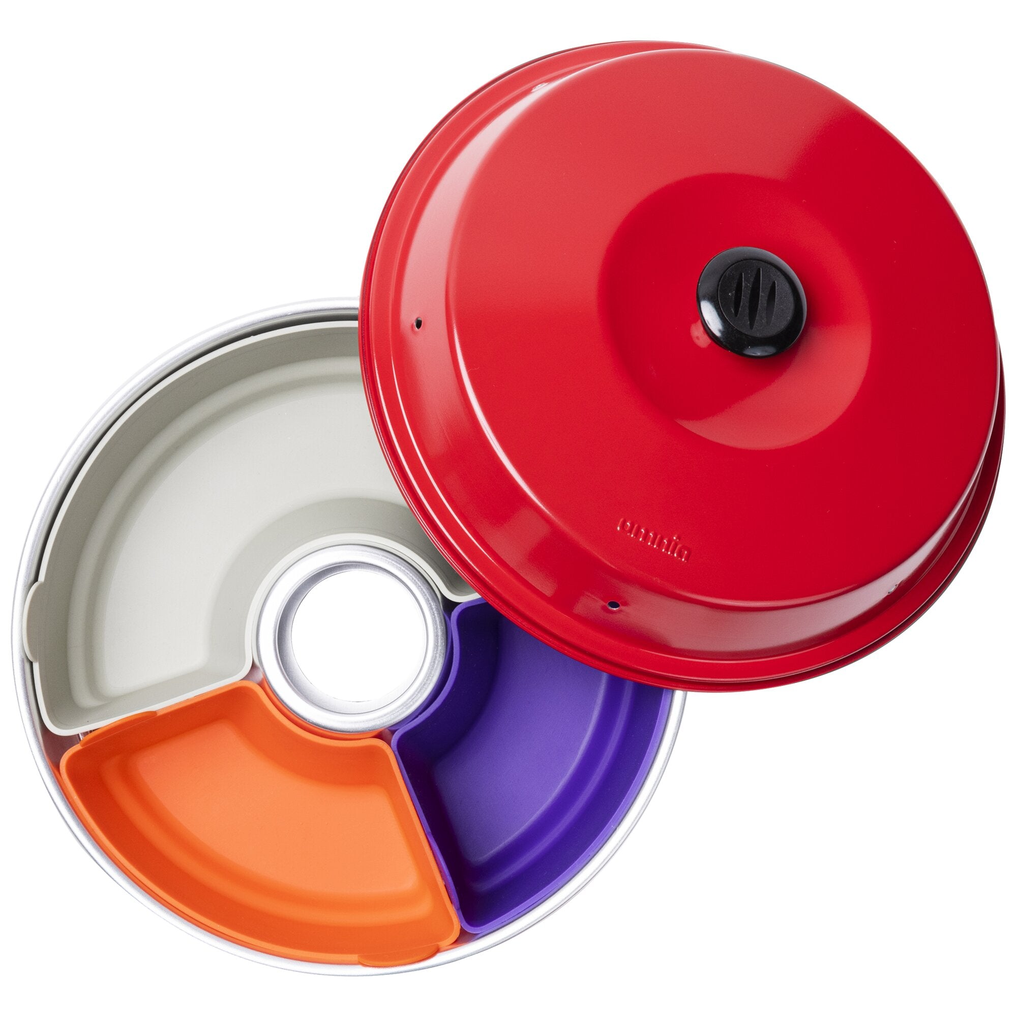 Runder Metallbehälter mit geöffnetem roten Deckel, im Inneren liegen sechs bunte Silikonformen in Orange, Weiß und Lila als Set