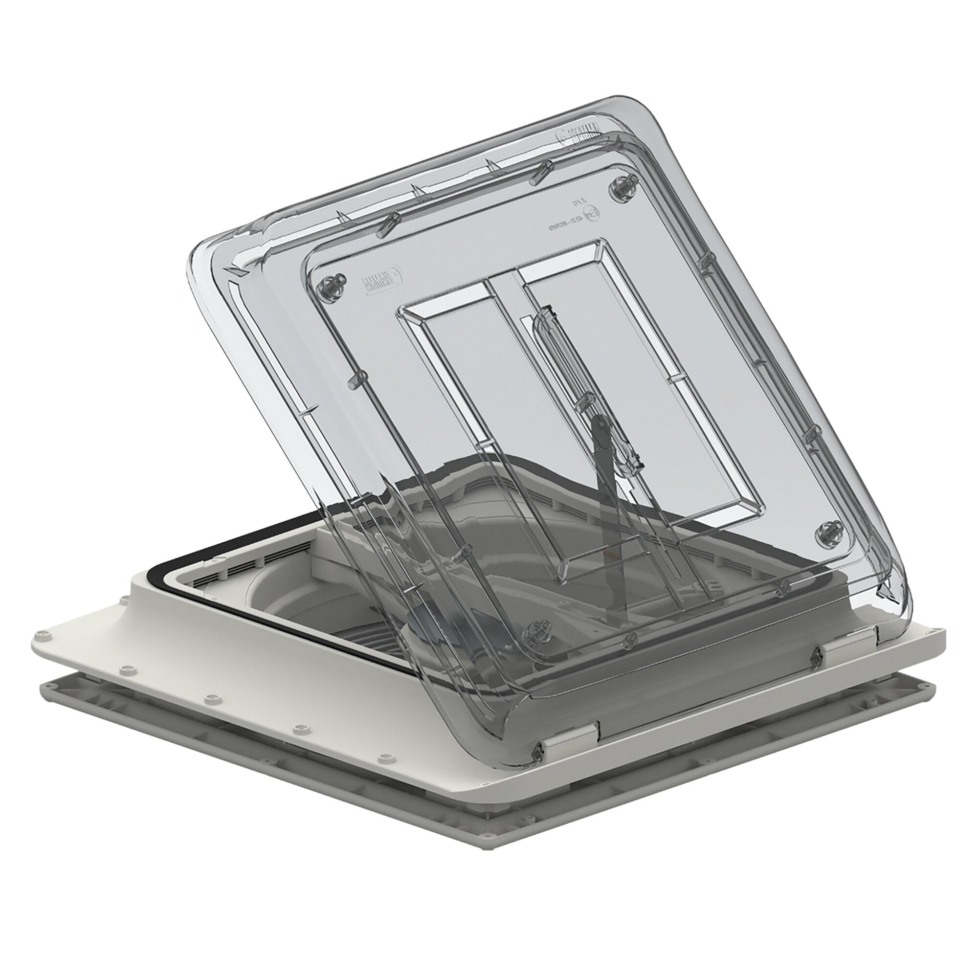 Transparente Dachhaube Turbo Vent crystal mit klarer Haube, sichtbare innere Ventilationsstruktur, Schrauben, Dichtung und grauer Sockel