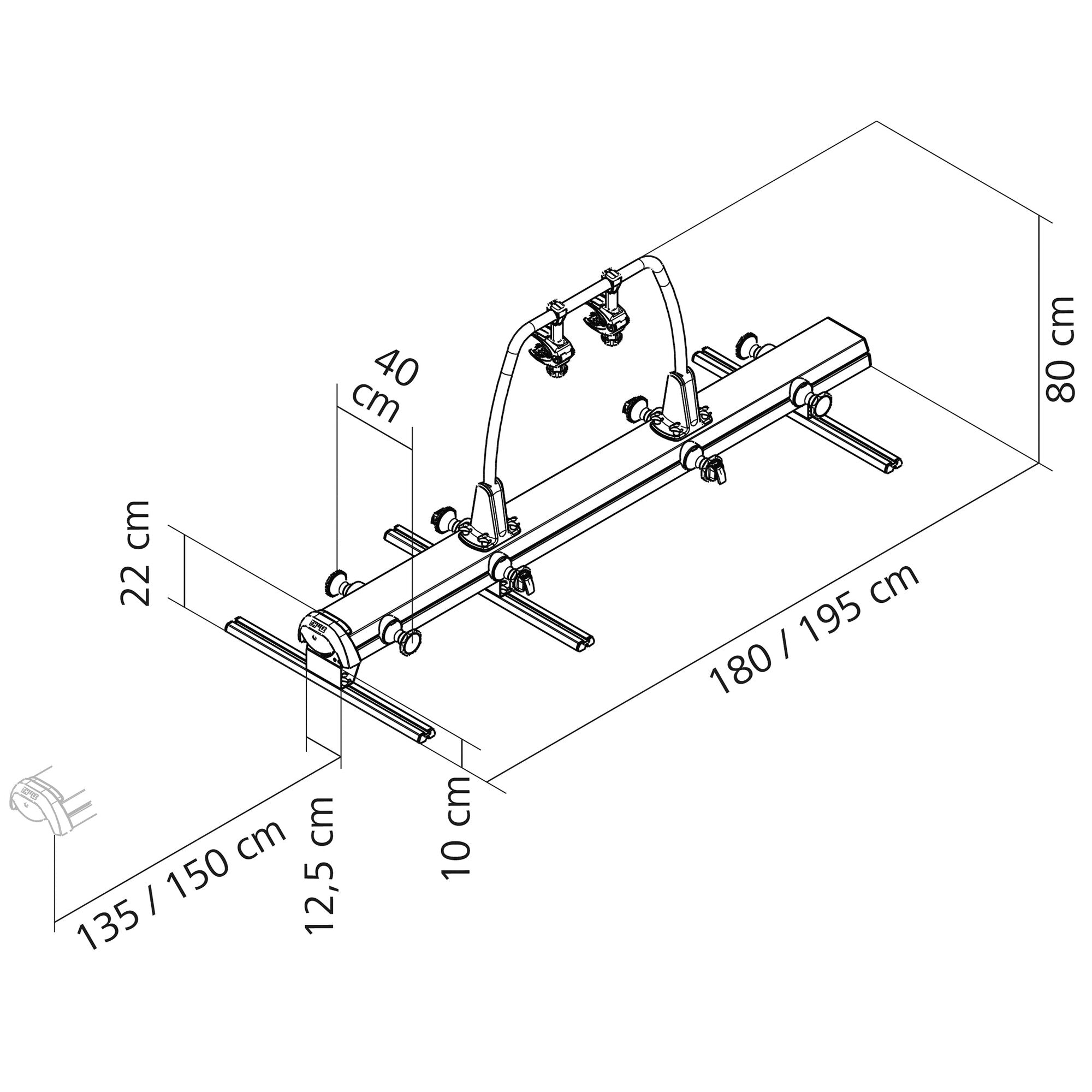 Technische Zeichnung des Thule VeloSlide Fahrradträgers mit Halterungen, Befestigungen und Maßangaben in cm