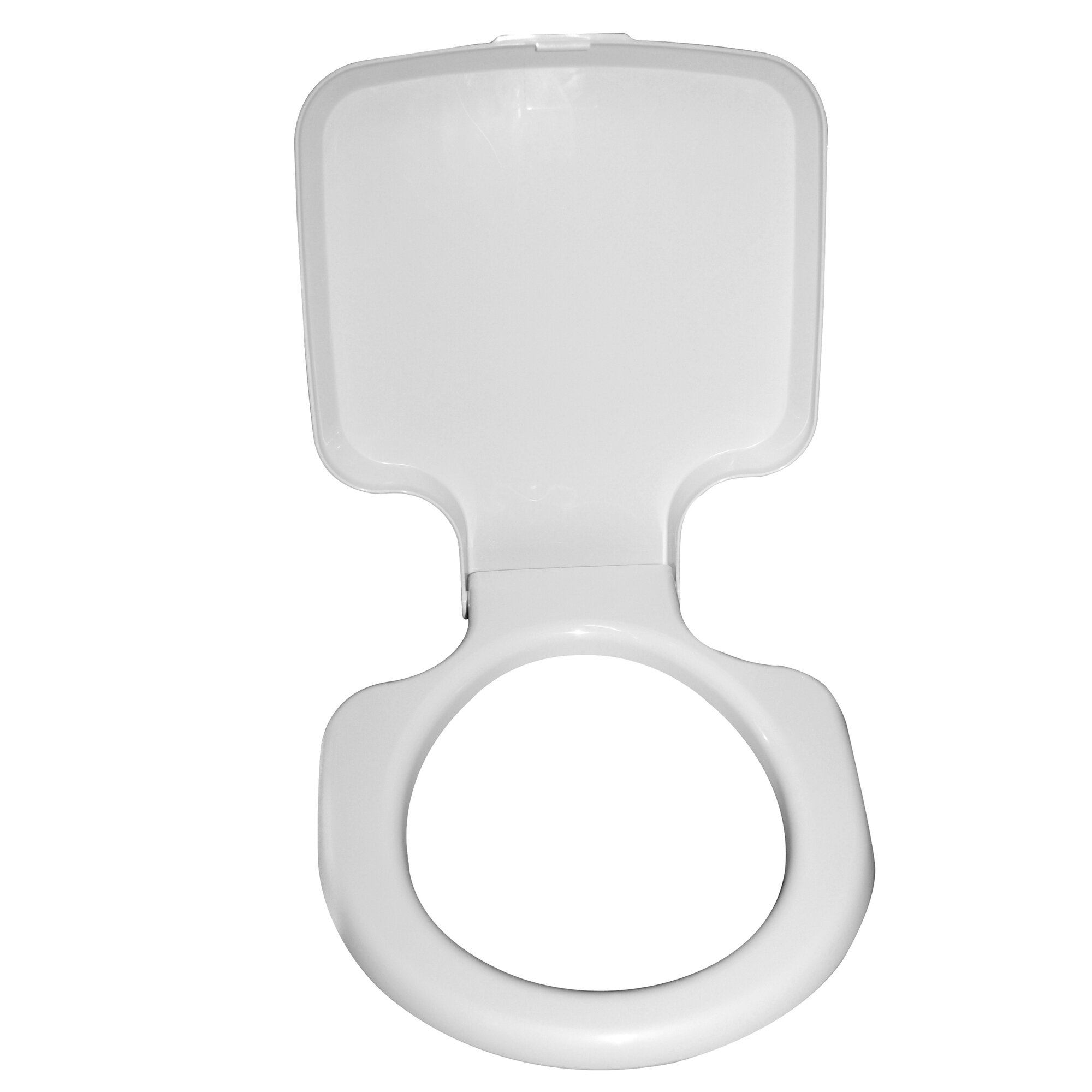 Weißer Toilettensitz mit Deckel, Draufsicht, aus Kunststoff, abgerundete Ecken, Deckel geschlossen und Befestigungselemente sichtbar