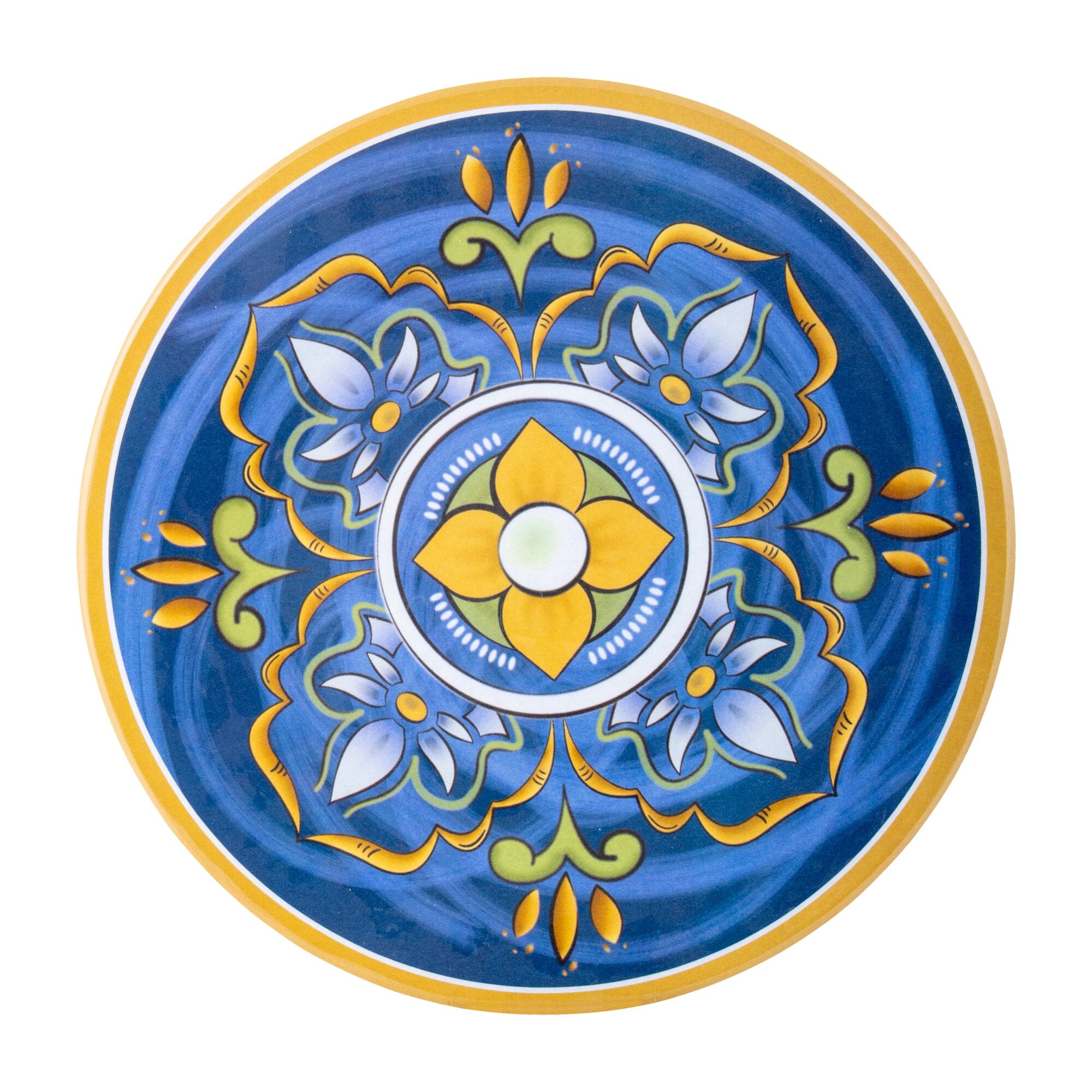 Detail eines runden Tellers aus dem Geschirrset Sicilian, blaues Innenfeld, gelb-oranger Rand und florales Muster in Gelb, Grün und Weiß