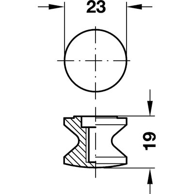 Runder dunkelgrauer Druckknopf, Durchmesser 23 mm, Seitenansicht zeigt Querschnitt mit Innenstruktur, Höhe 19 mm