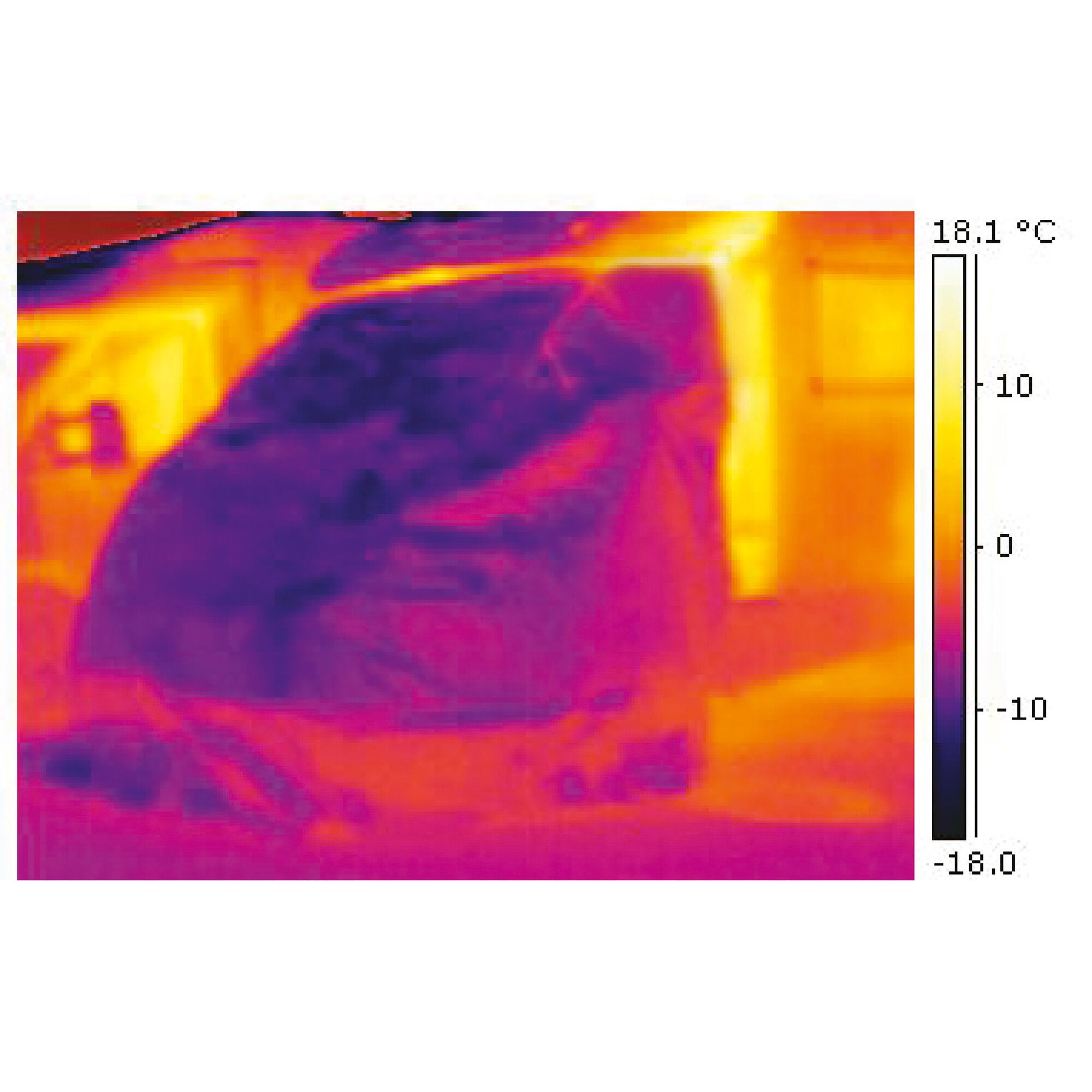 Wärmebild des Innenraums im Renault Master III mit der Thermomatte LUX-DUO Oberteil; farbige Temperaturdarstellung von violett bis gelb, rechts Temperaturskala