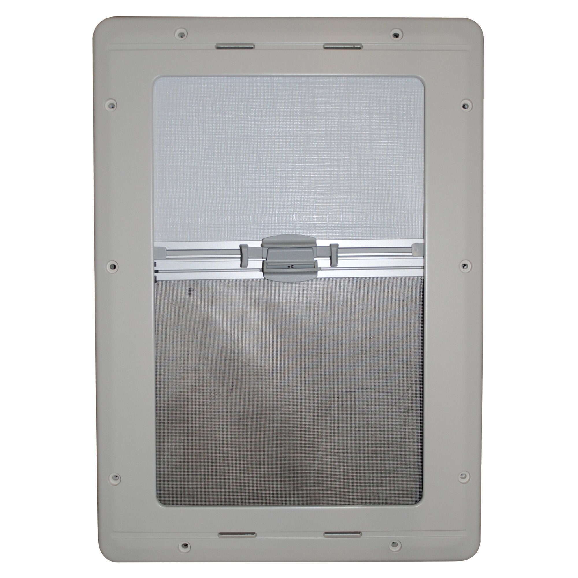 Innenrahmen für S3/S4 Fenster, 900 x 400 mm, heller grauer Rahmen mit Schrauben an den Ecken und einer lichtdurchlässigen Netzabdeckung