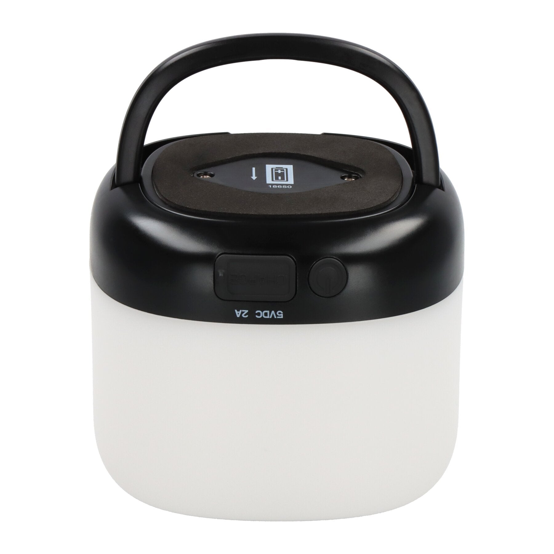 Detailaufnahme einer Outdoor-Solarlampe RGB: weißes Gehäuse, schwarzer runder Deckel mit Traggriff, Schaumring, zwei Schraubenlöcher und zentrale Symbole auf dem Deckel