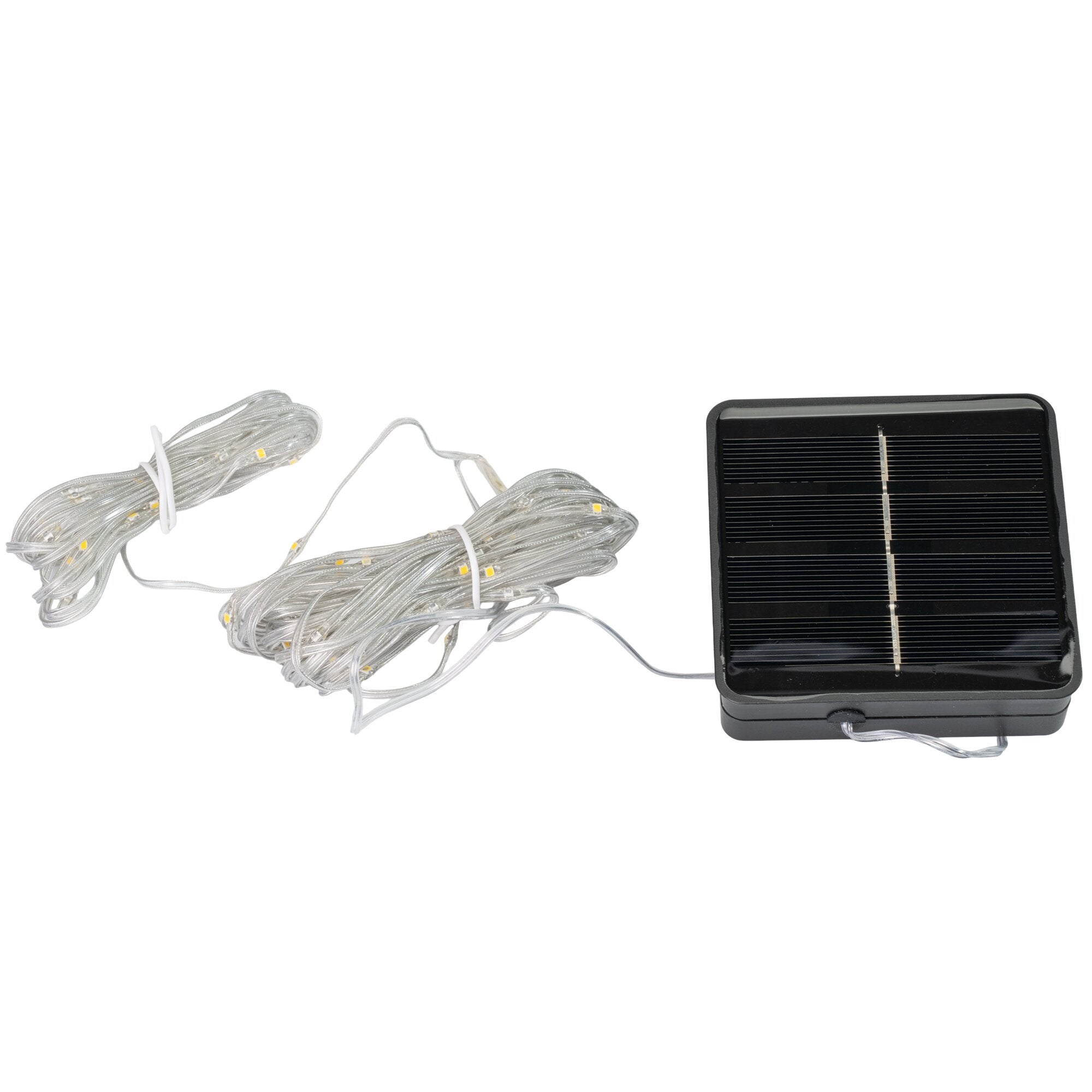 Mehrfach aufgewickelte transparente LED-Lichterkette mit kleinen gelben LEDs neben einem schwarzen Solarmodul
