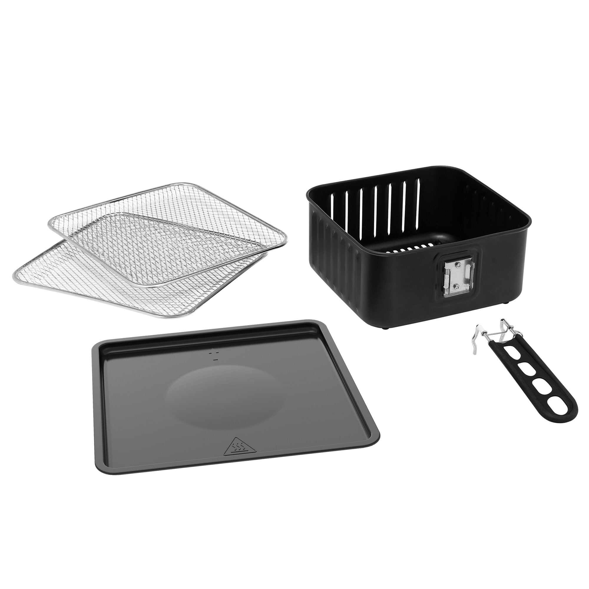 Verschiedene Zubehörteile eines Airfryer Ofen: zwei Drahtgitterroste, ein schwarzer Innenkorb, ein flaches Backblech, Glastür des Ofens