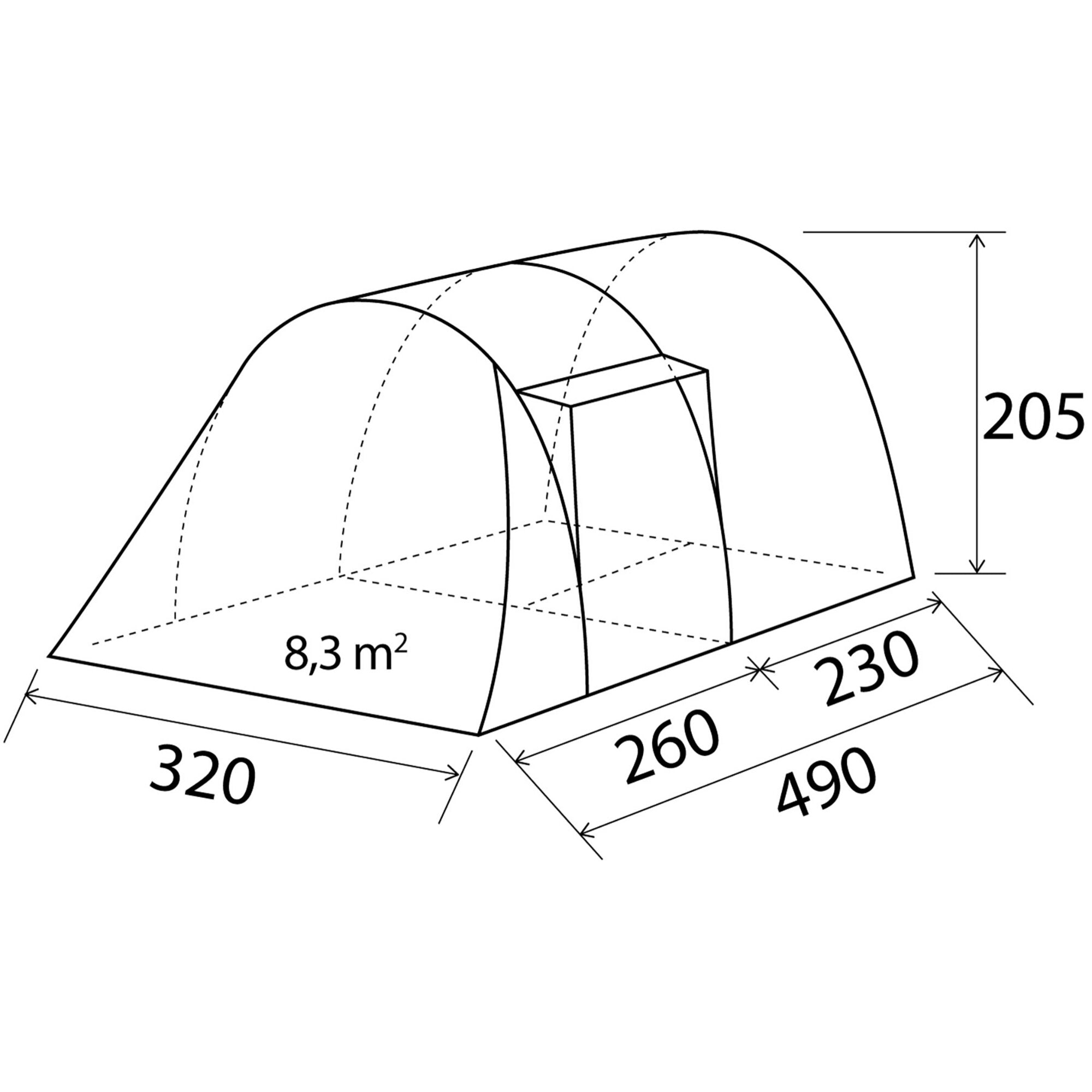 Technische Zeichnung eines Tunnelzelts mit drei Kuppeln, Grundfläche 8,3 m², Breite 320 cm, Tiefe 490 cm, Höhe 205 cm