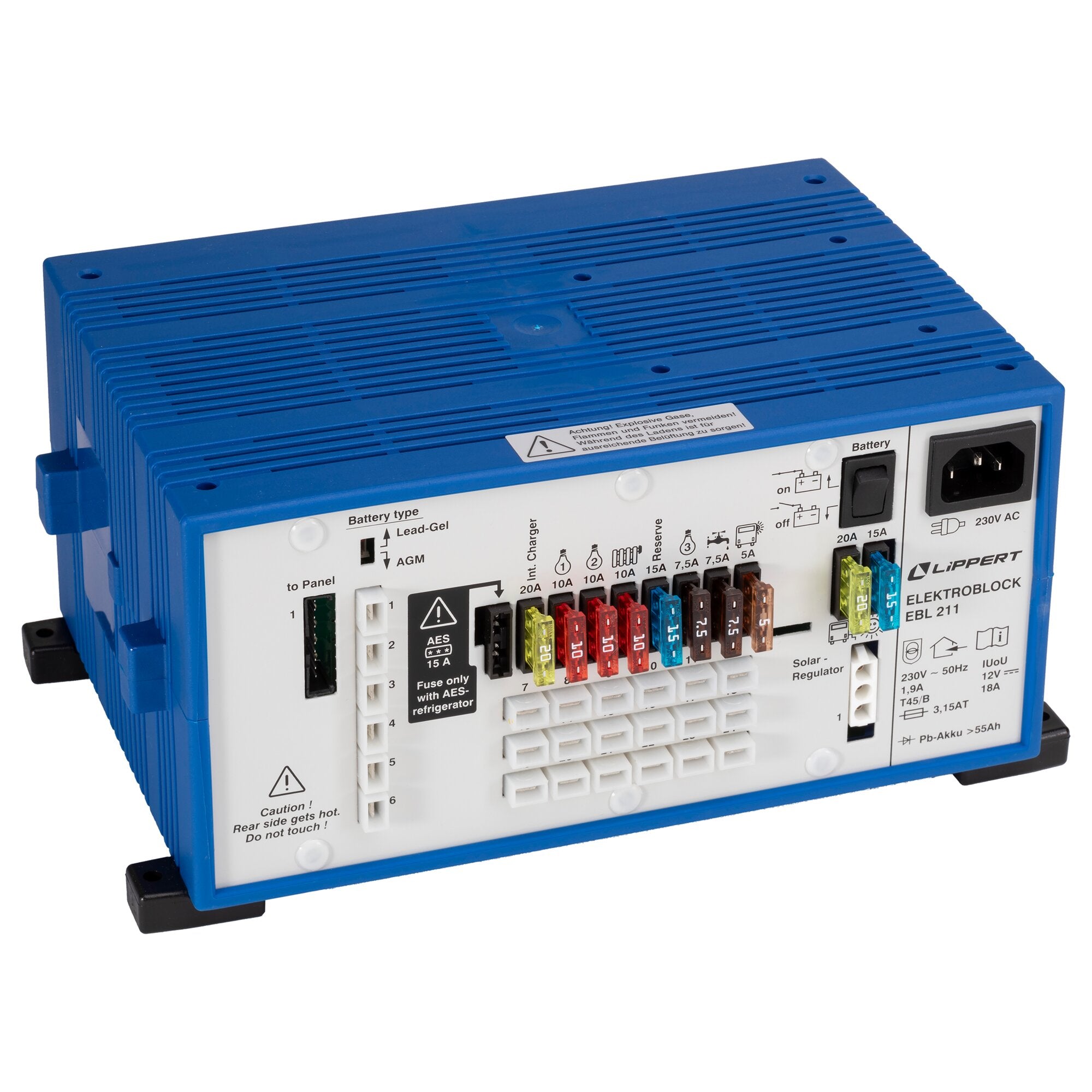 Blauer Elektroblock mit Kontrolltafel, Lüftungsschlitze, vordere Front mit farbigen Sicherungen, Anschlussklemmen und Kennzeichnungen