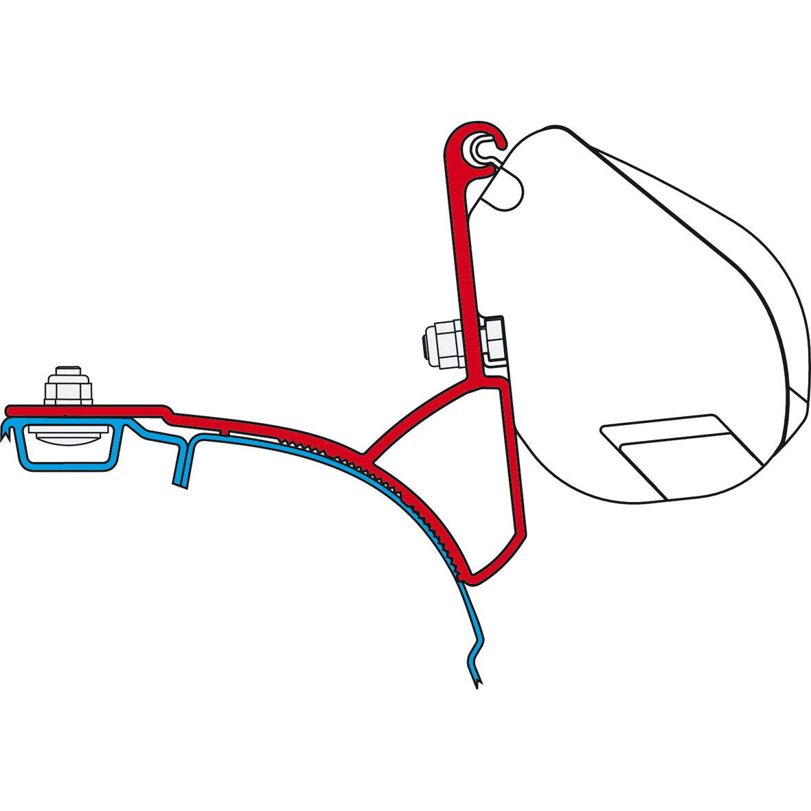 Technische Montageskizze eines VW Rail Kits für T5/T6 rote Halterung mit gebogener Aufhängung, blaue Führungsschiene mit Zähnen und Befestigungselementen
