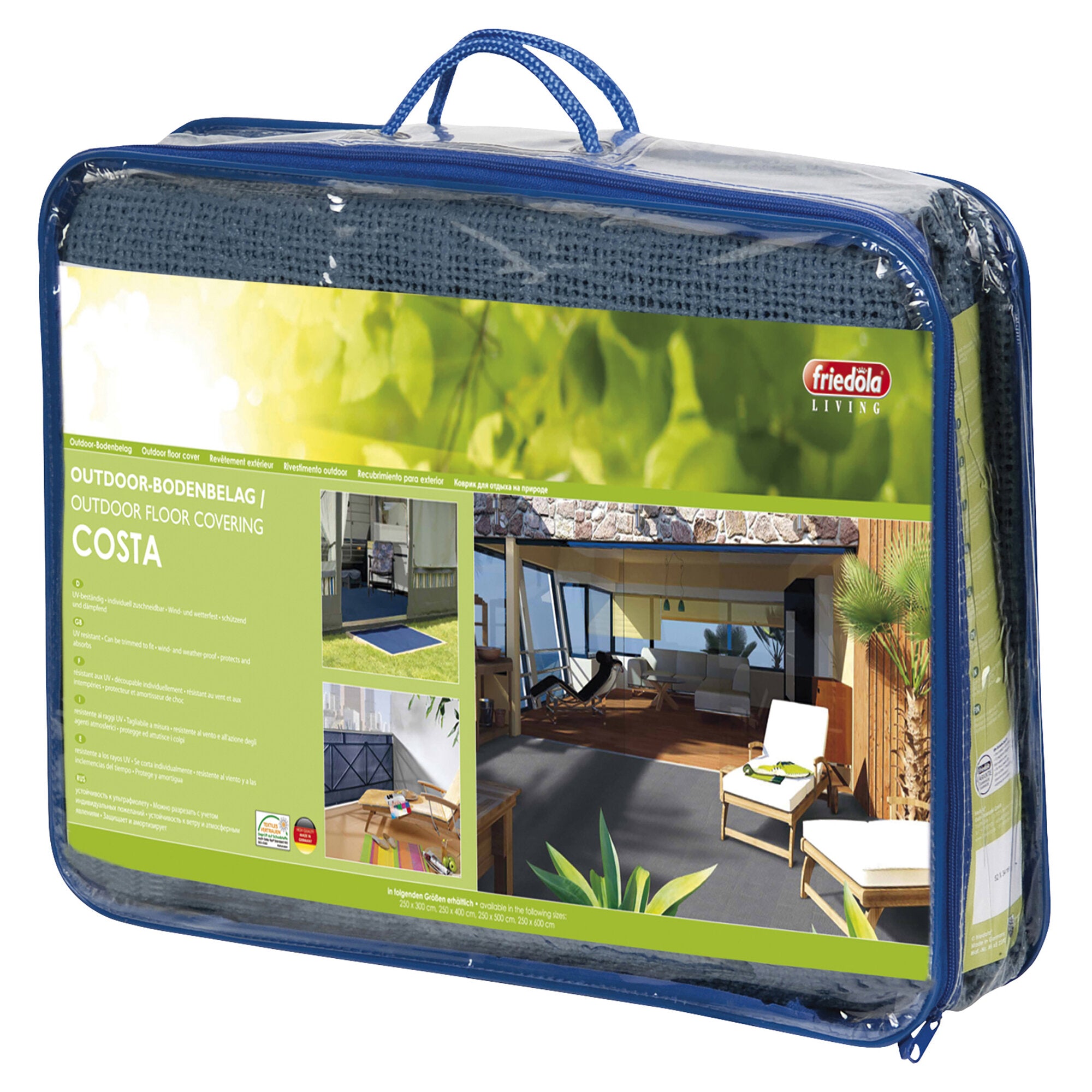 Transparente blaue Tragetasche mit Reißverschluss und Griffen, darin ein grüner Costa Outdoor-Bodenbelag in Verpackung mit Label und Abbildungen