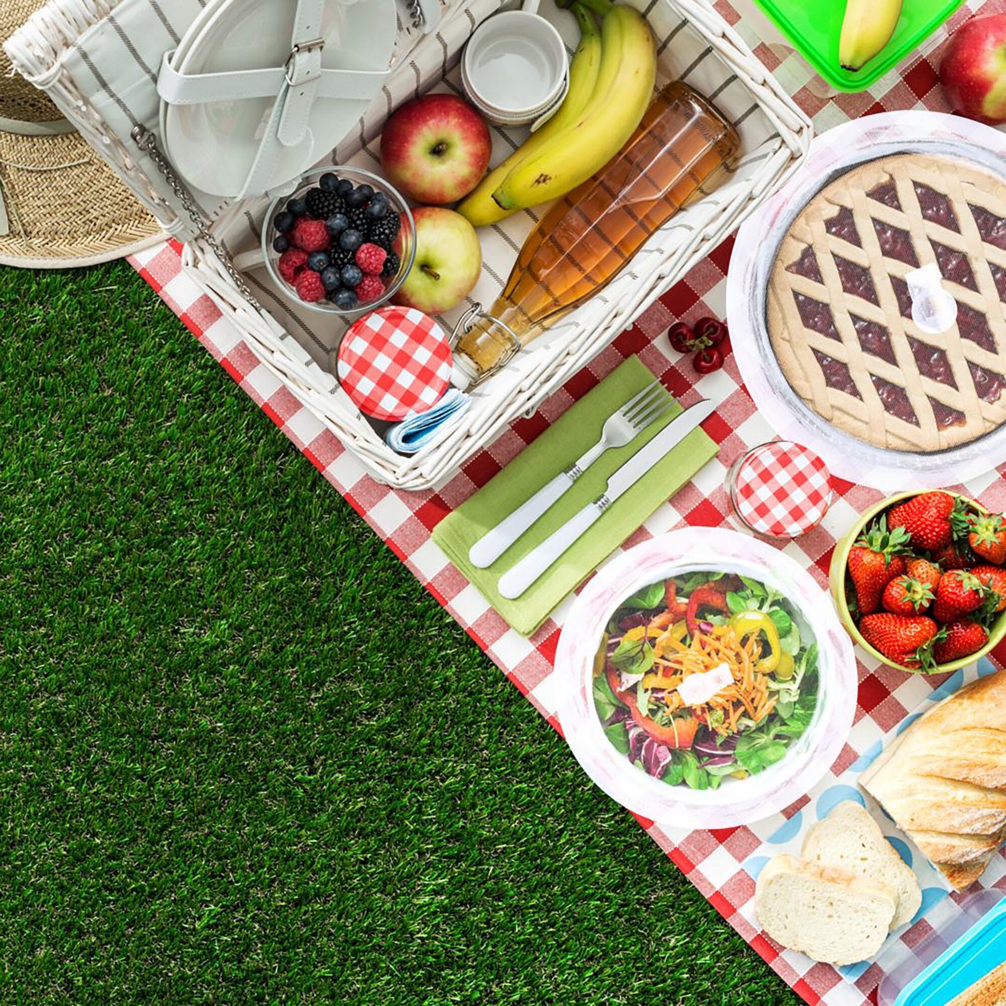 Picknickkorb auf rot-weiß kariertem Tischtuch im Gras; Obst wie Äpfel, Bananen und Beeren, Saftflasche, Kuchen und Gemüse sichtbar