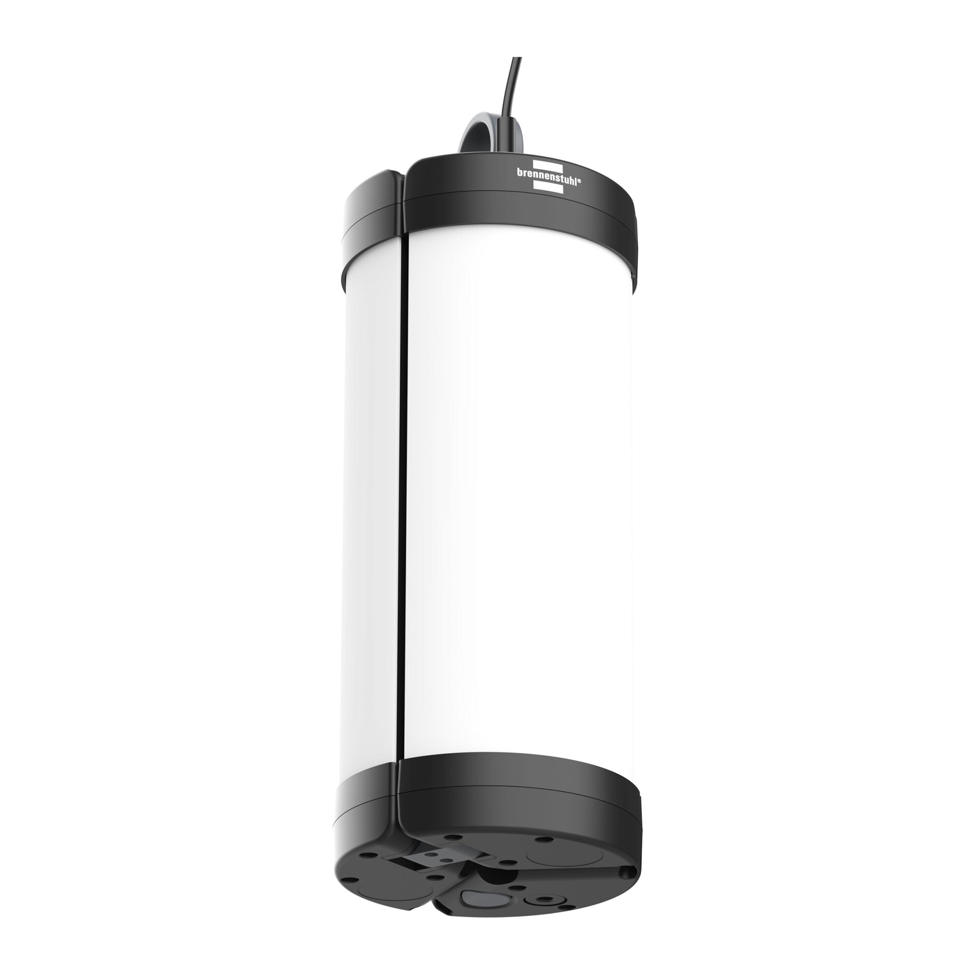 Nahaufnahme einer hängenden Vorzeltleuchte VL 500 mit schwarzem Metallgehäuse um weißen Diffusor, Kabel oben, Brennenstuhl-Logo sichtbar