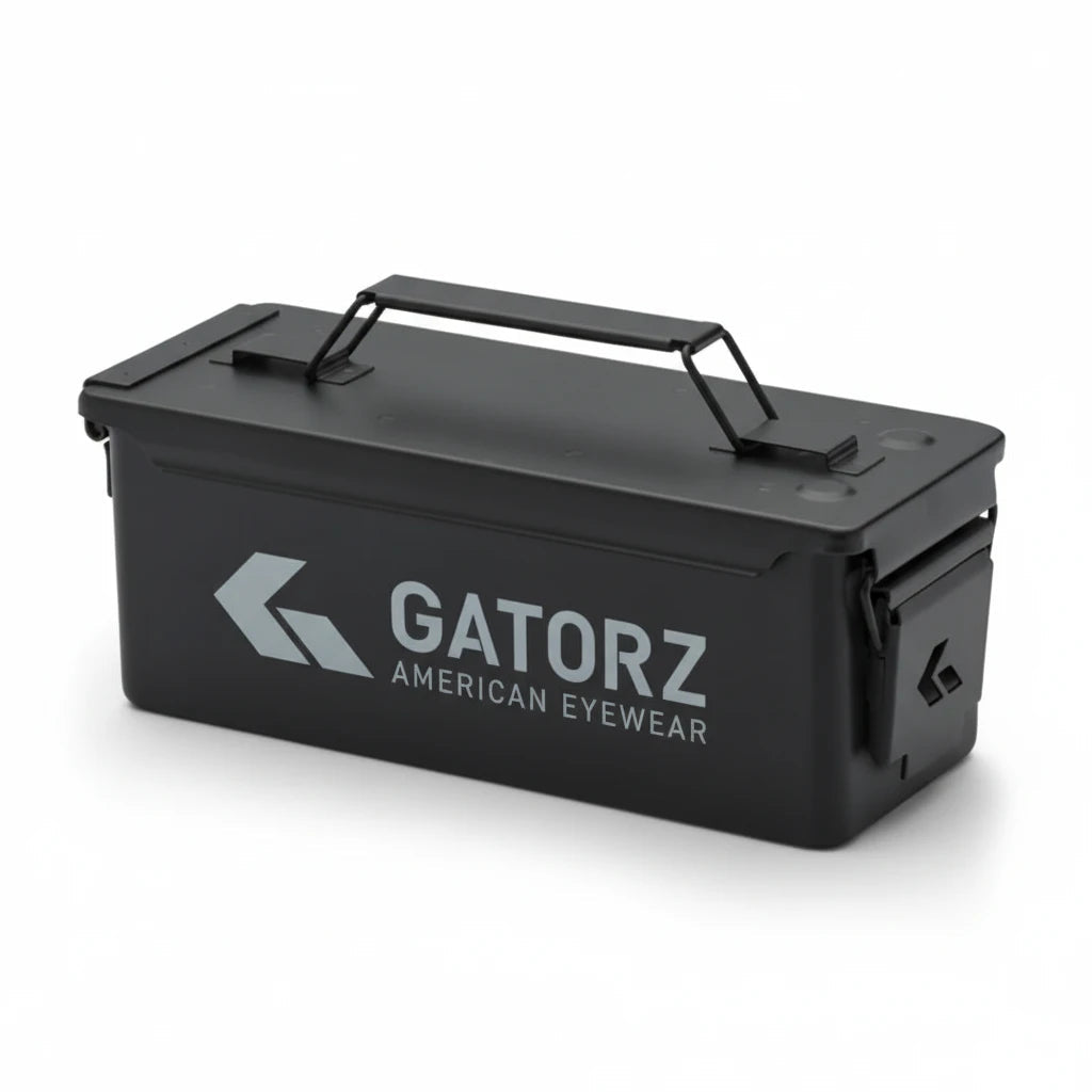Mattschwarze Sonnenbrillenbox in Form einer Munitionskiste mit klappbarem Griff und weißem GATORZ-Logo auf der Seite.