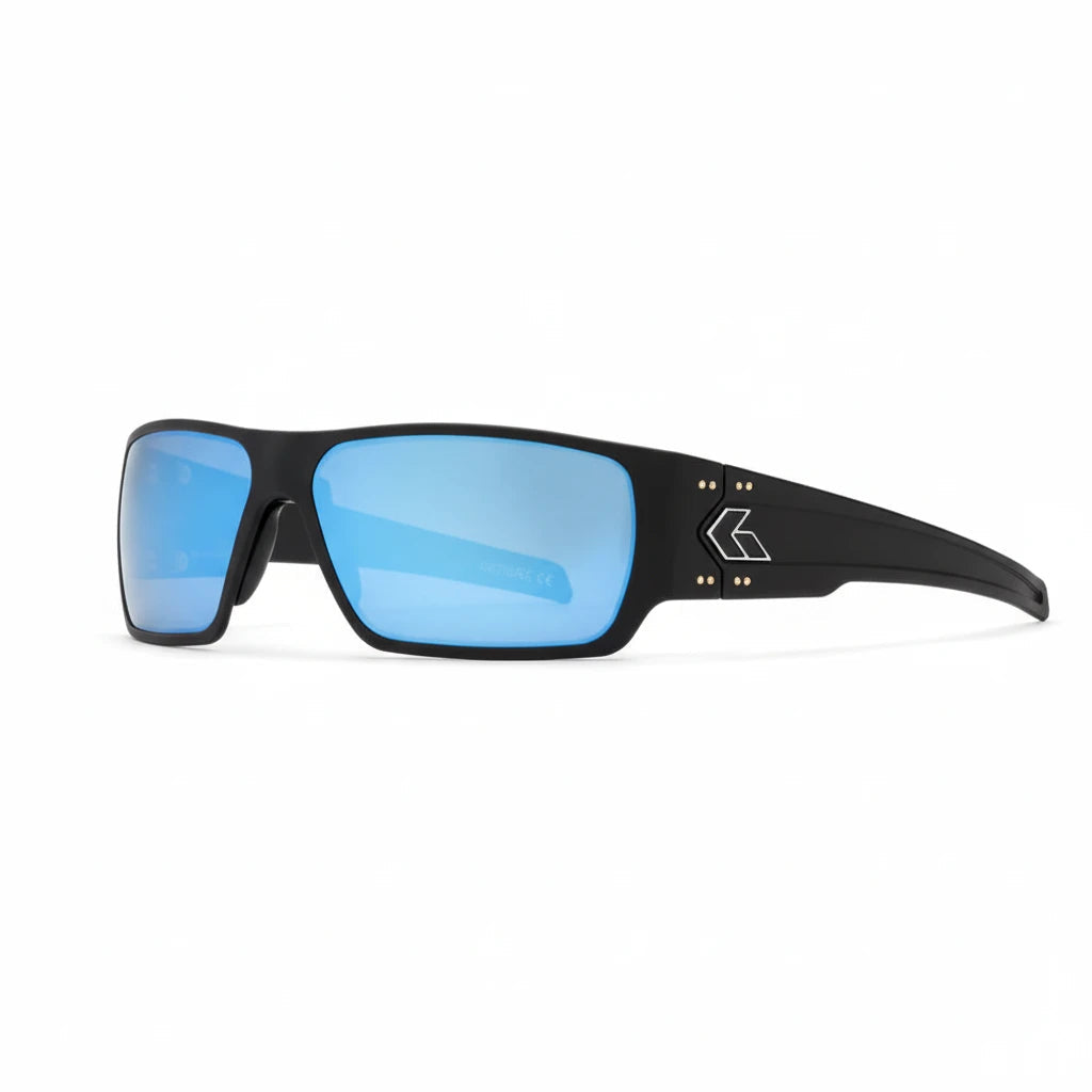 Schwarze GATORZ Specter Sonnenbrille mit rechteckigen, verspiegelten blauen Gläsern und robustem Rahmen aus Metall,.