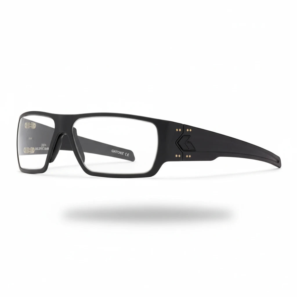 Schwarze GATORZ Ballistic Specter Schutzbrille mit rechteckigen, klaren Gläsern und robustem, mattiertem Rahmen aus.