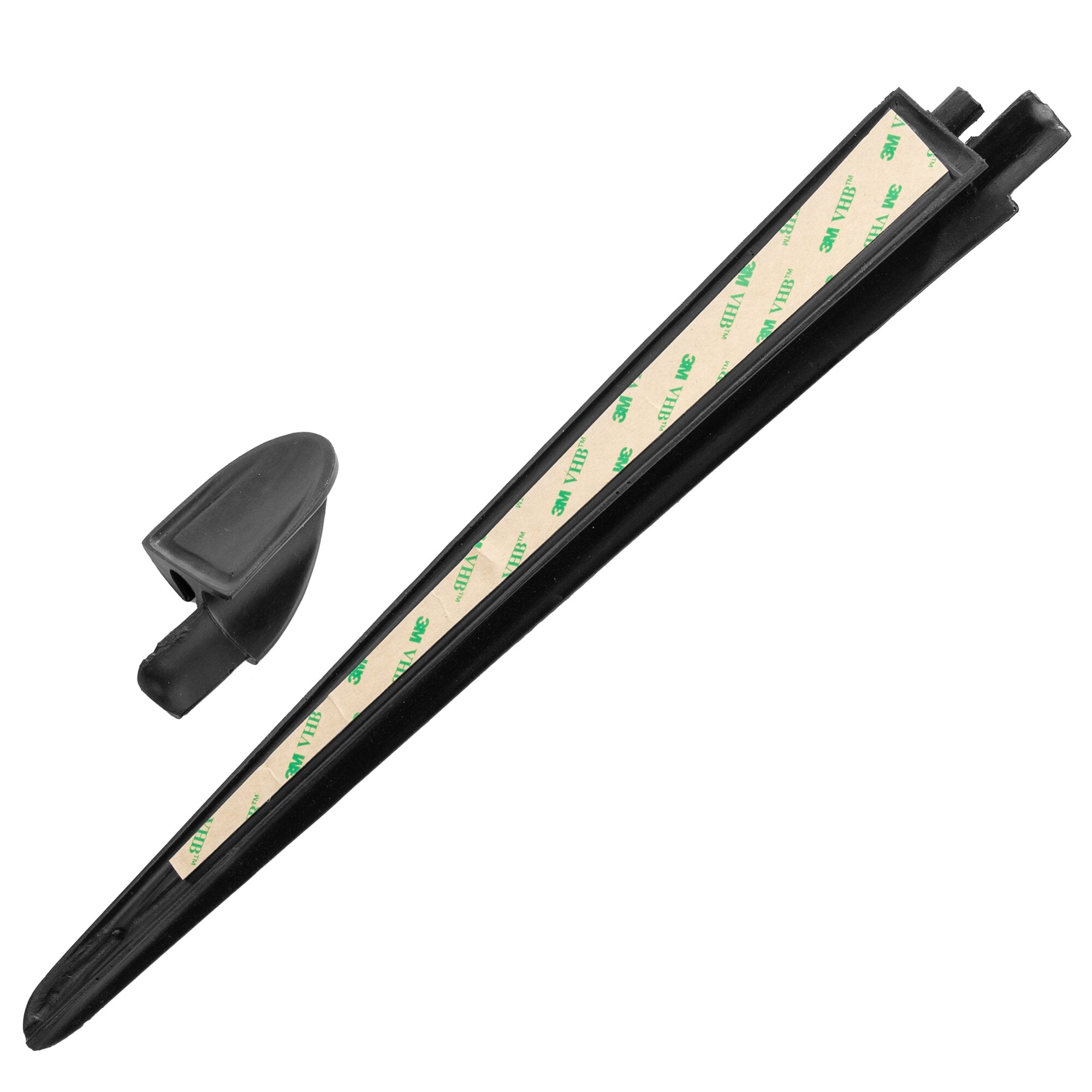 Schwarzer Spoilersatz TOP-RAIL mit Klebebandstreifen von 3M, lange schmale Schiene mit Gummi-Endstück, linke Seite, Nahaufnahme