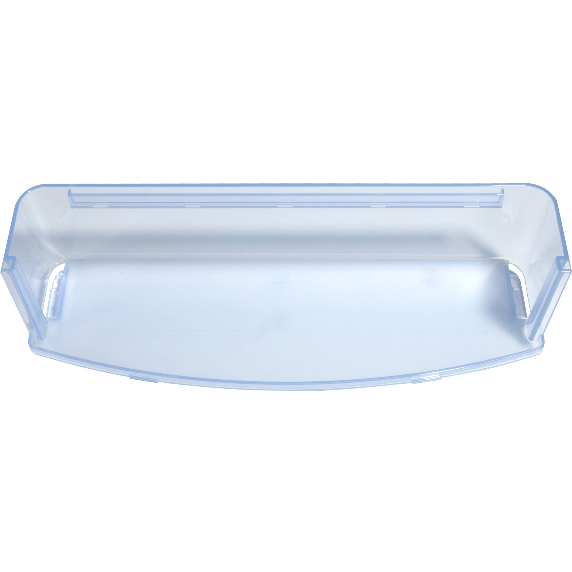 Transparente blaue Etagere aus Kunststoff mit abgerundeten Ecken, seitlichen Griffen und mehreren flachen Ablageflächen