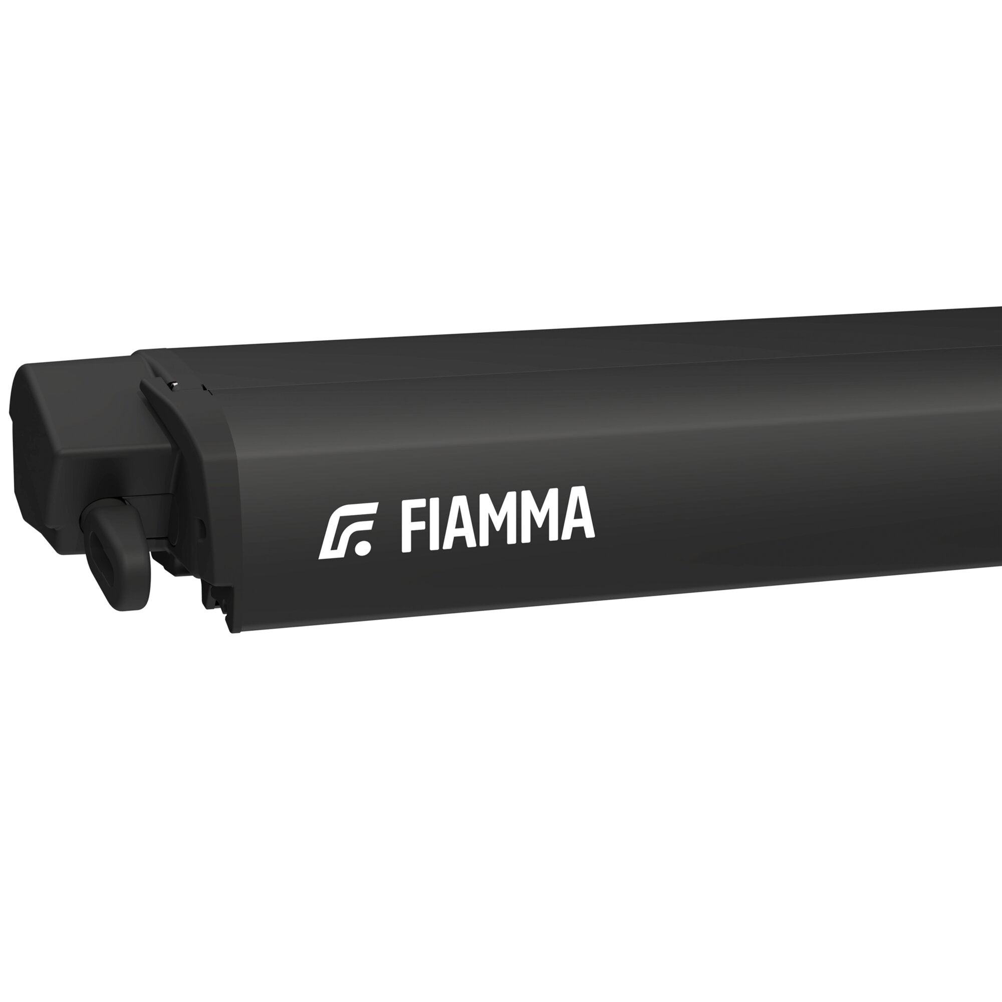 Schwarze Markisenkassette in Seitenansicht mit GIAMMA Logo auf dem Gehäuse, sichtbarer Endabschluss, Hintergrund weiß